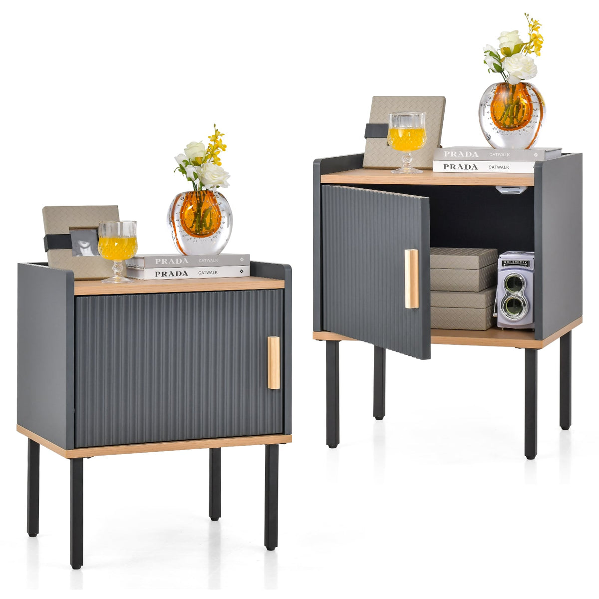 Nightstand Bedside End Table with Door Cabinet for Living Room Bedroom-Gray-Nightstands-DECOROLALA