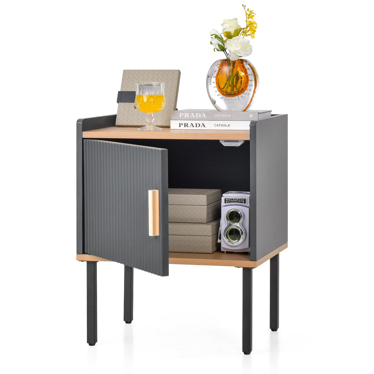 Nightstand Bedside End Table with Door Cabinet for Living Room Bedroom-Gray-Nightstands-DECOROLALA