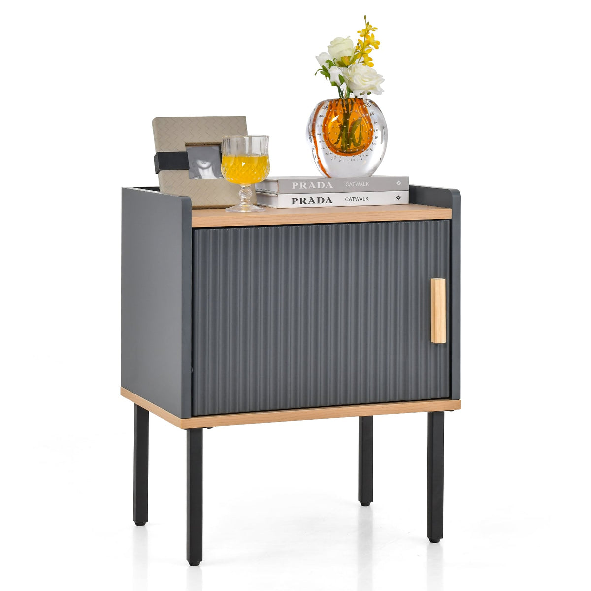 Nightstand Bedside End Table with Door Cabinet for Living Room Bedroom-Gray-Nightstands-DECOROLALA