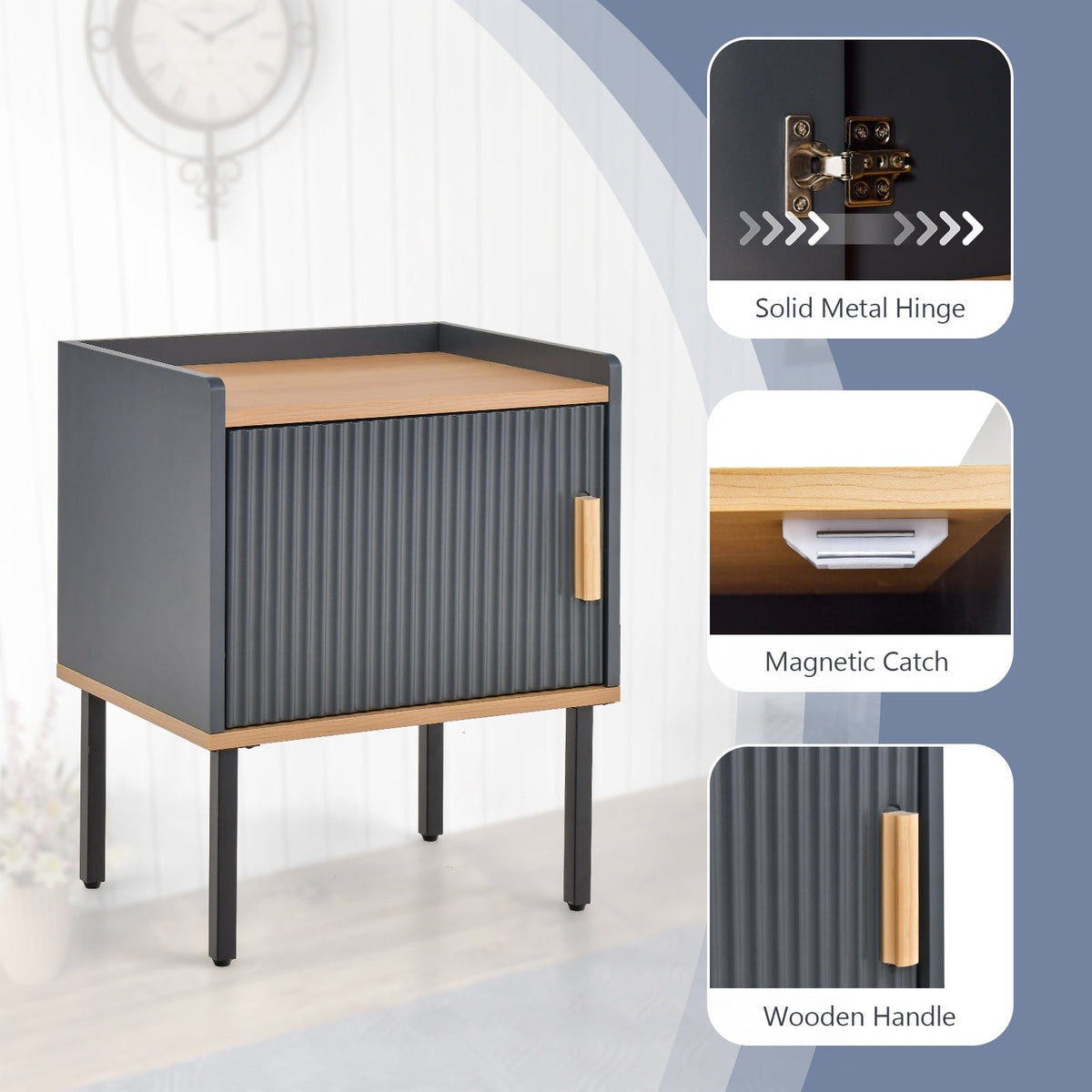 Nightstand Bedside End Table with Door Cabinet for Living Room Bedroom-Gray-Nightstands-DECOROLALA