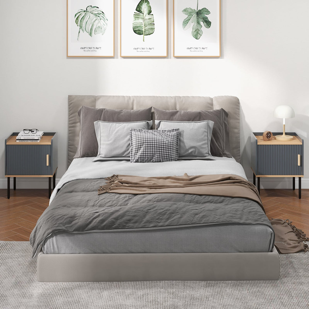Nightstand Bedside End Table with Door Cabinet for Living Room Bedroom-Gray-Nightstands-DECOROLALA