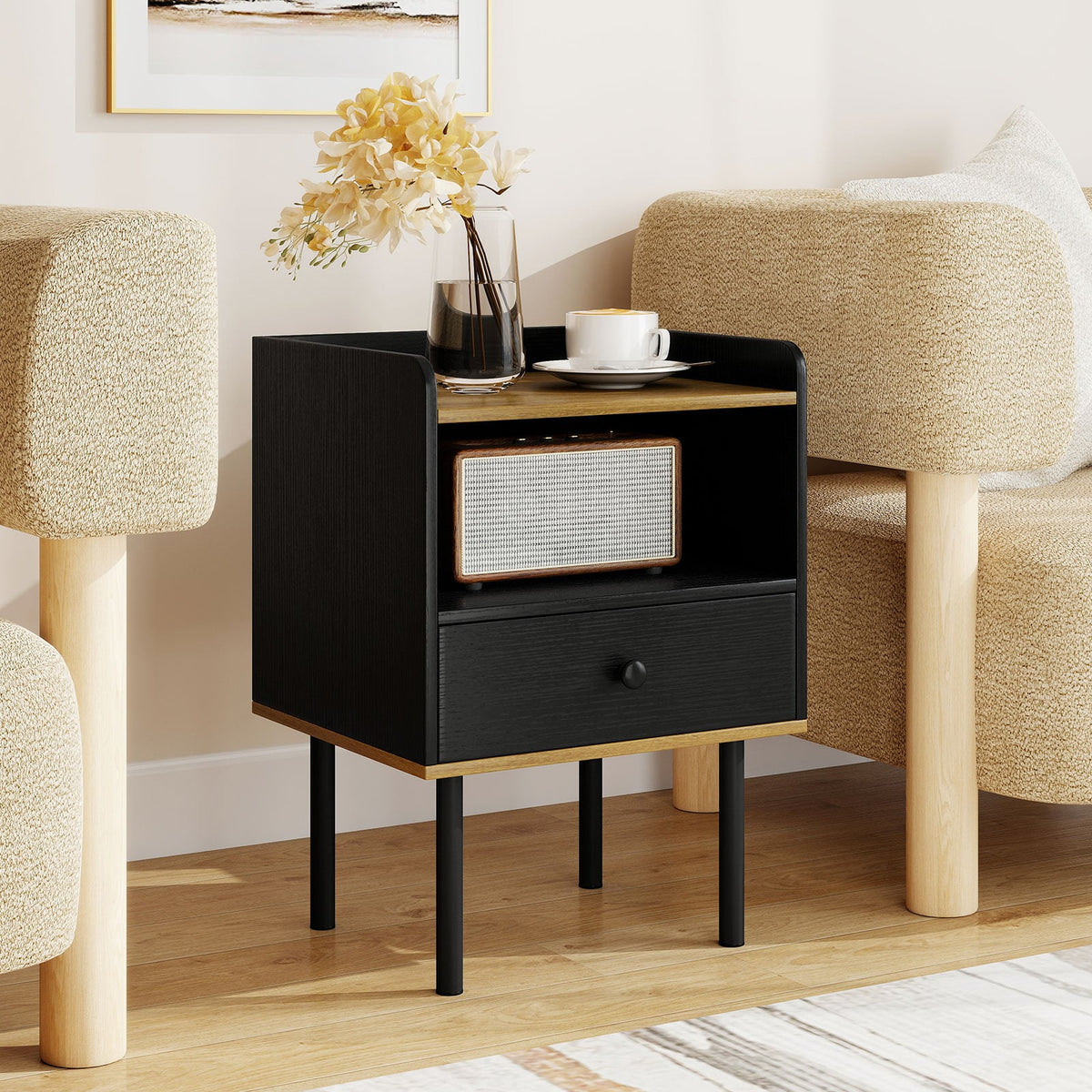 Nightstand Bedside End Table with Drawer and Open Shelf for Living Room Bedroom-1 Piece-Nightstands-DECOROLALA