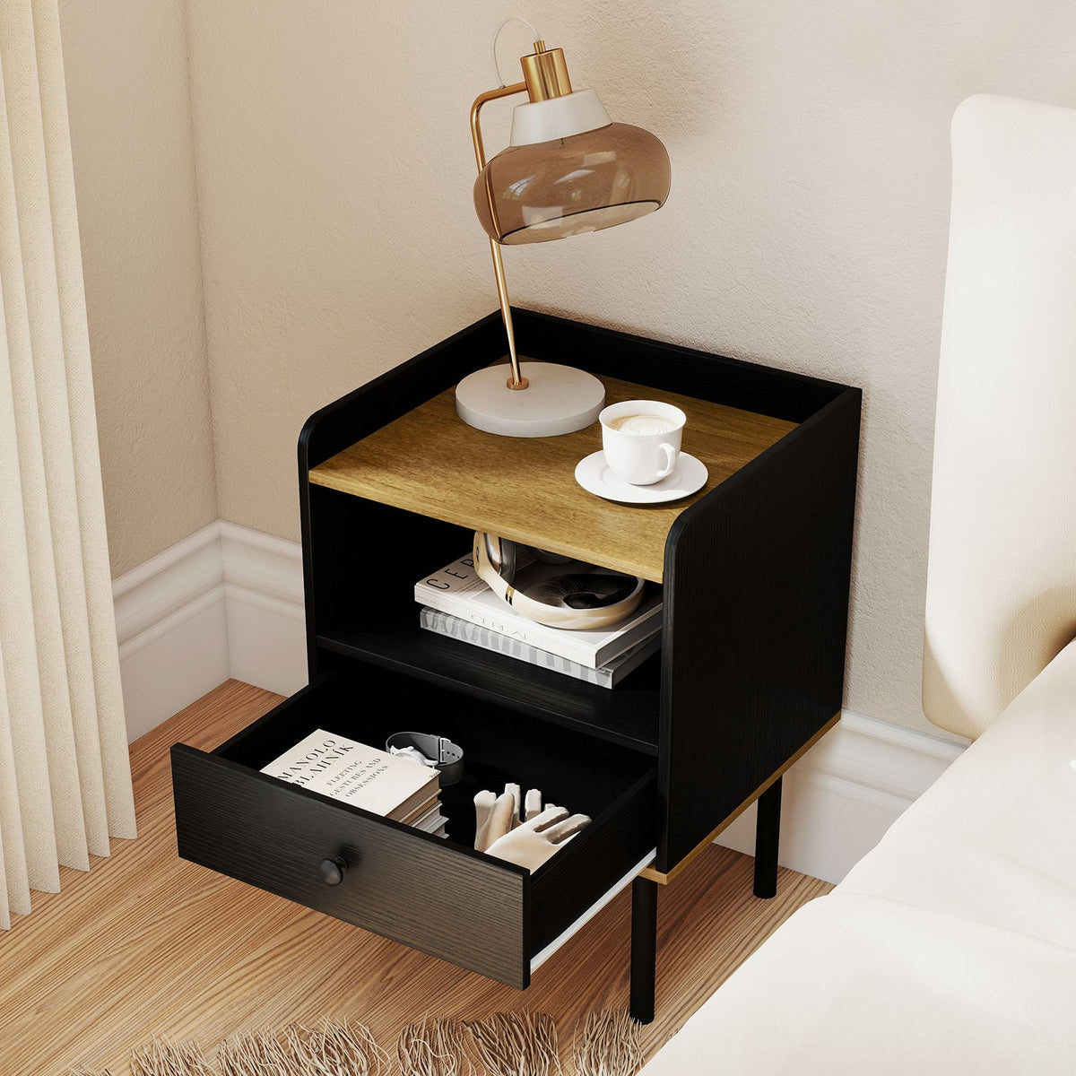 Nightstand Bedside End Table with Drawer and Open Shelf for Living Room Bedroom-1 Piece-Nightstands-DECOROLALA