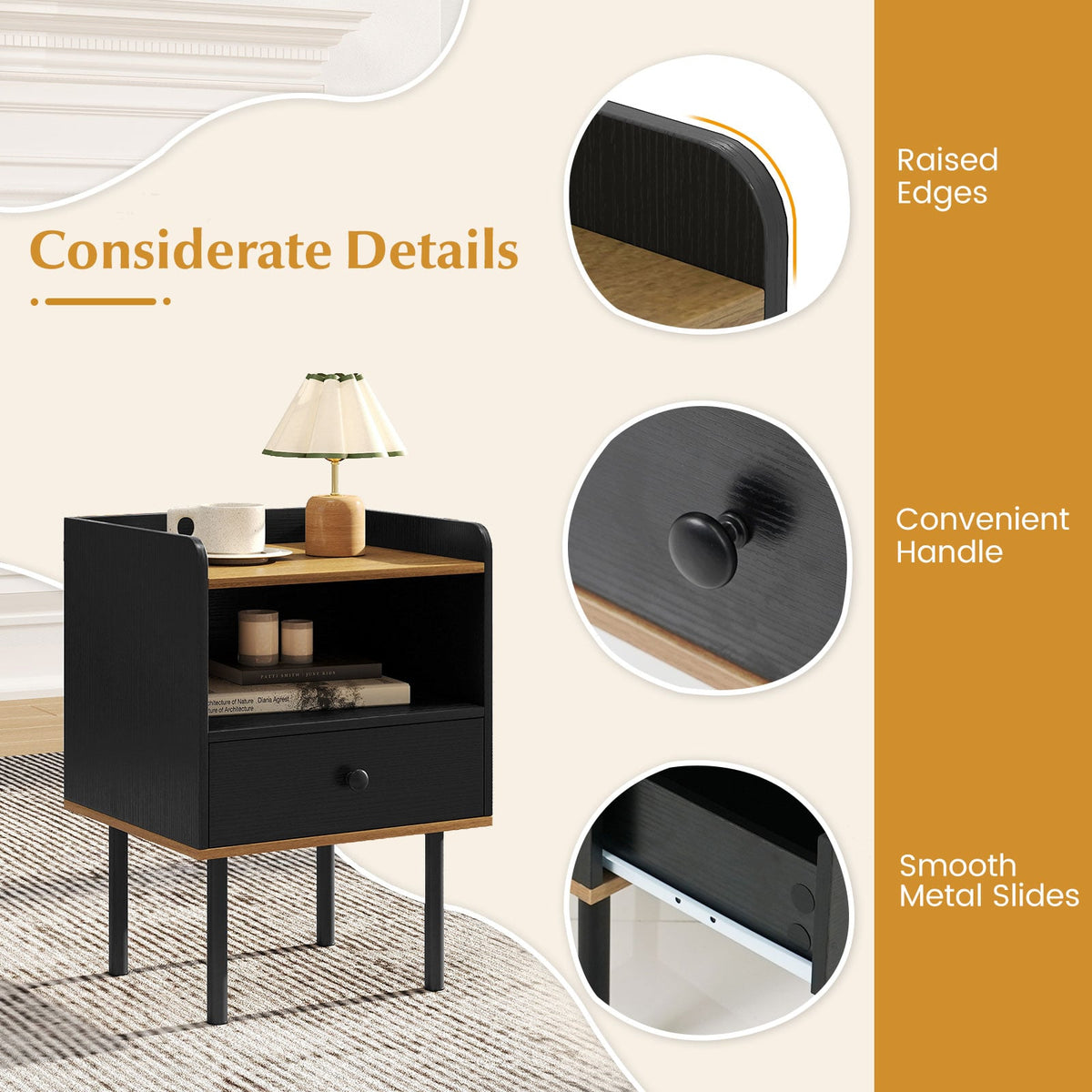 Nightstand Bedside End Table with Drawer and Open Shelf for Living Room Bedroom-1 Piece-Nightstands-DECOROLALA