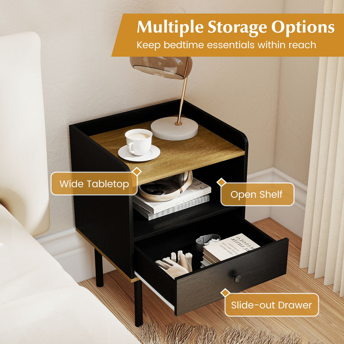 Nightstand Bedside End Table with Drawer and Open Shelf for Living Room Bedroom-1 Piece-Nightstands-DECOROLALA