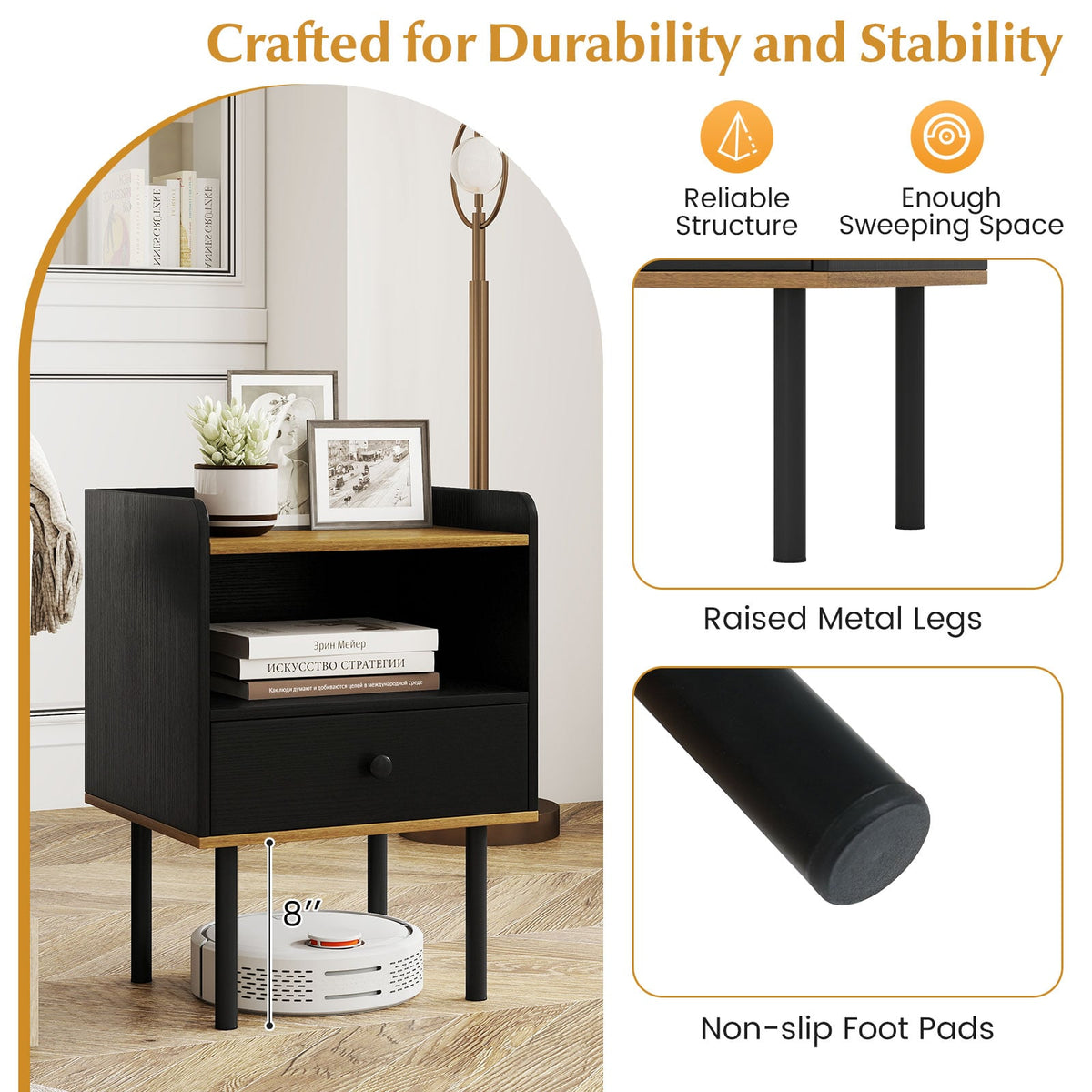Nightstand Bedside End Table with Drawer and Open Shelf for Living Room Bedroom-1 Piece-Nightstands-DECOROLALA
