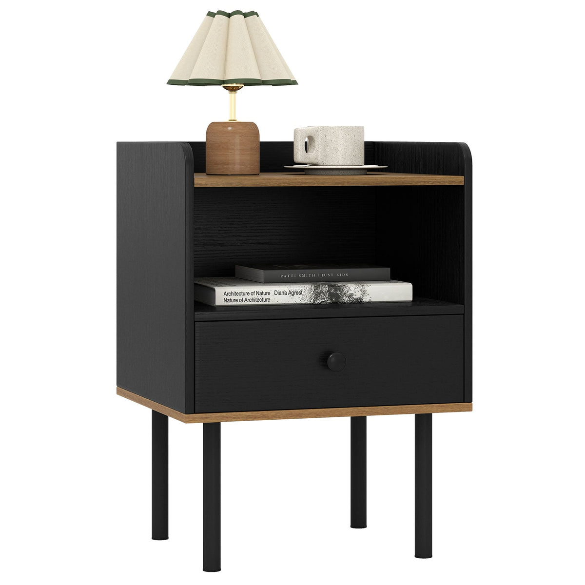 Nightstand Bedside End Table with Drawer and Open Shelf for Living Room Bedroom-1 Piece-Nightstands-DECOROLALA