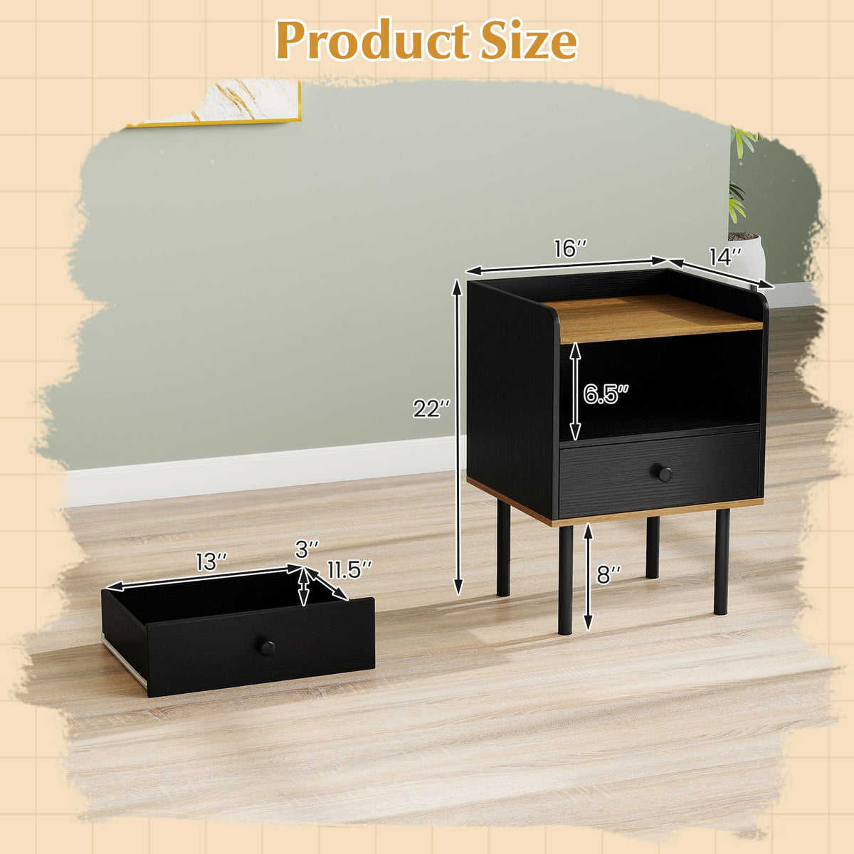 Nightstand Bedside End Table with Drawer and Shelf for Living Room Bedroom-Set of 2-Nightstands-DECOROLALA