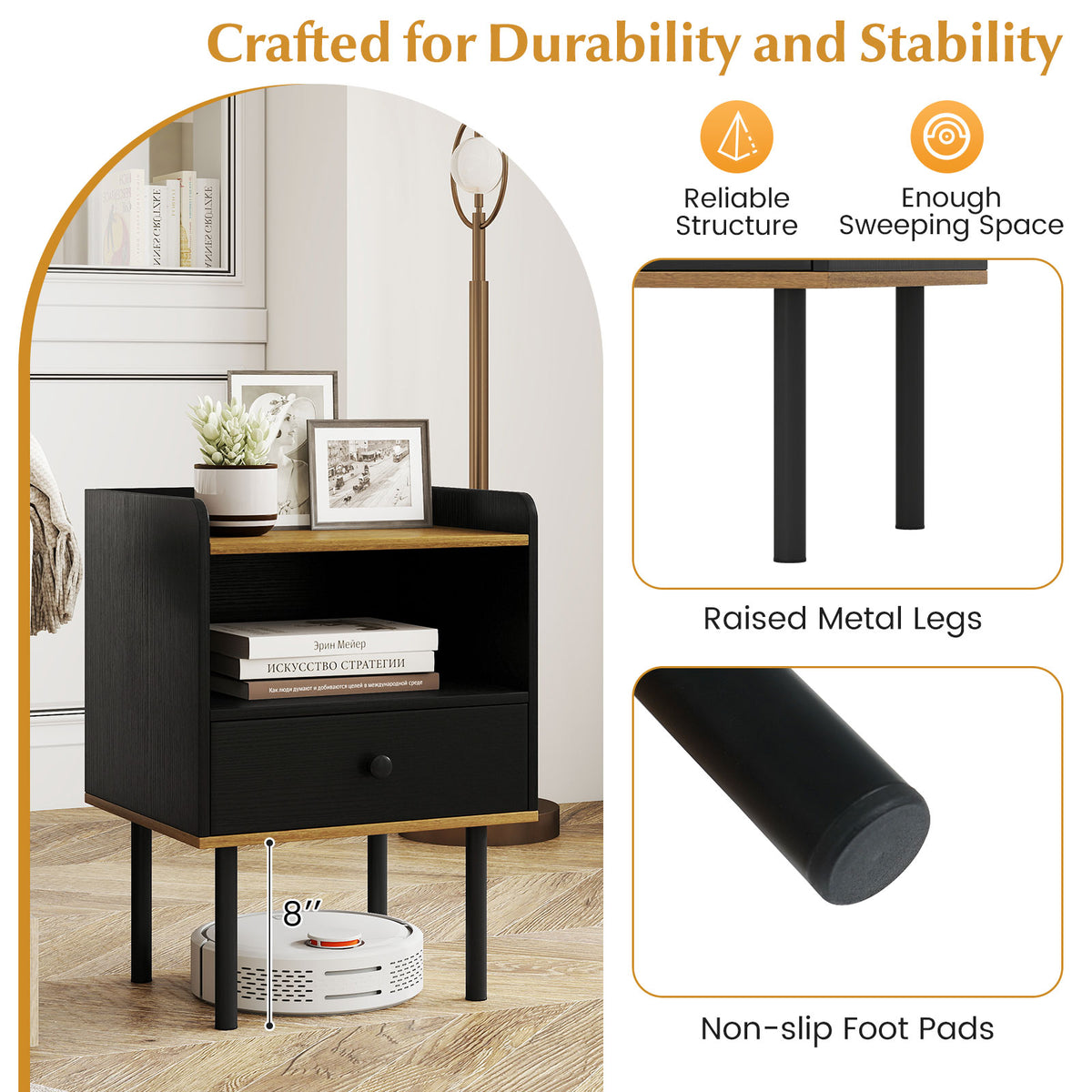 Nightstand Bedside End Table with Drawer and Shelf for Living Room Bedroom-Set of 2-Nightstands-DECOROLALA
