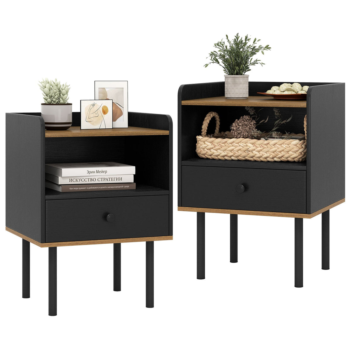 Nightstand Bedside End Table with Drawer and Shelf for Living Room Bedroom-Set of 2-Nightstands-DECOROLALA