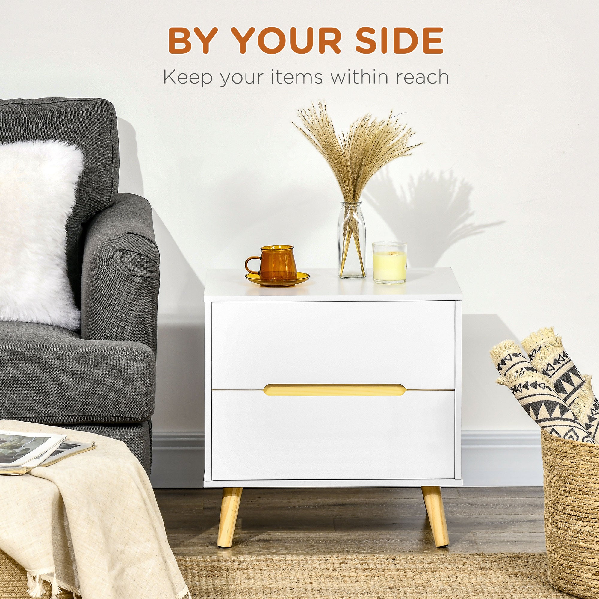 Nightstand, Bedside Table with 2 Drawers, Modern Side End Table with Solid Wood Legs for Bedroom, White-Home Furnishings > Bedroom Furniture > Bedside Tables-DECOROLALA