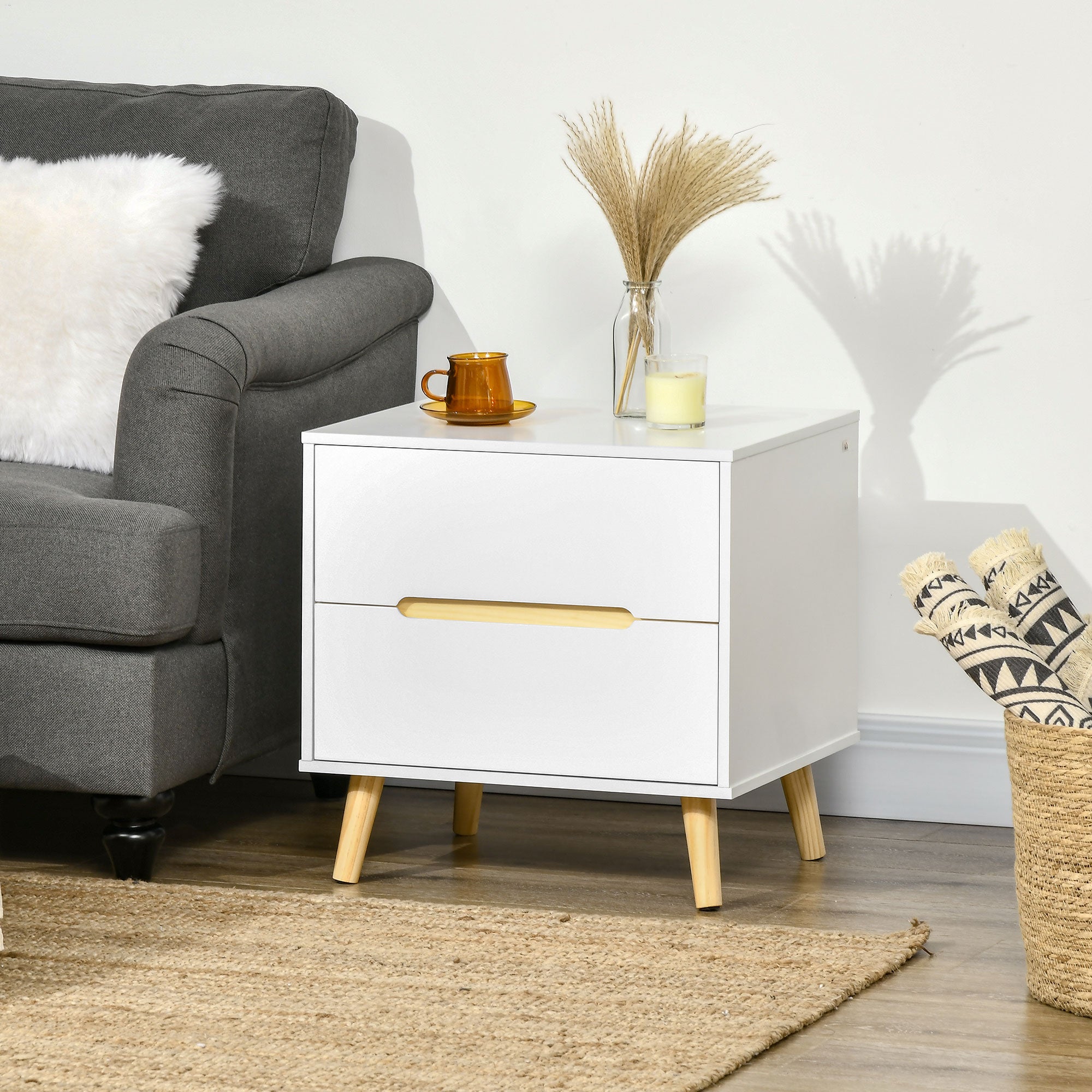 Nightstand, Bedside Table with 2 Drawers, Modern Side End Table with Solid Wood Legs for Bedroom, White-Home Furnishings > Bedroom Furniture > Bedside Tables-DECOROLALA