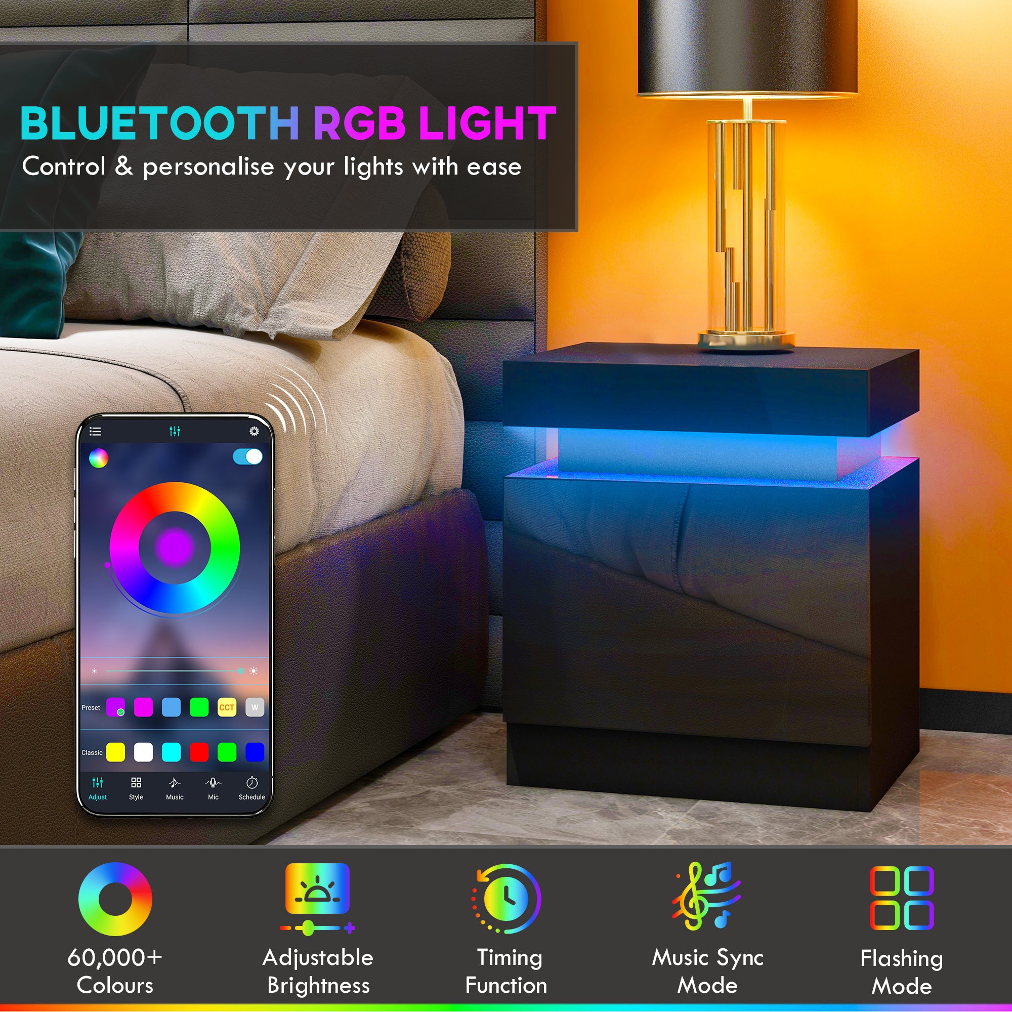Nightstand, Bedside Table with LED Lights and 2 Drawers for Bedroom, Living Room, Black-Home Furnishings > Bedroom Furniture > Bedside Tables-DECOROLALA