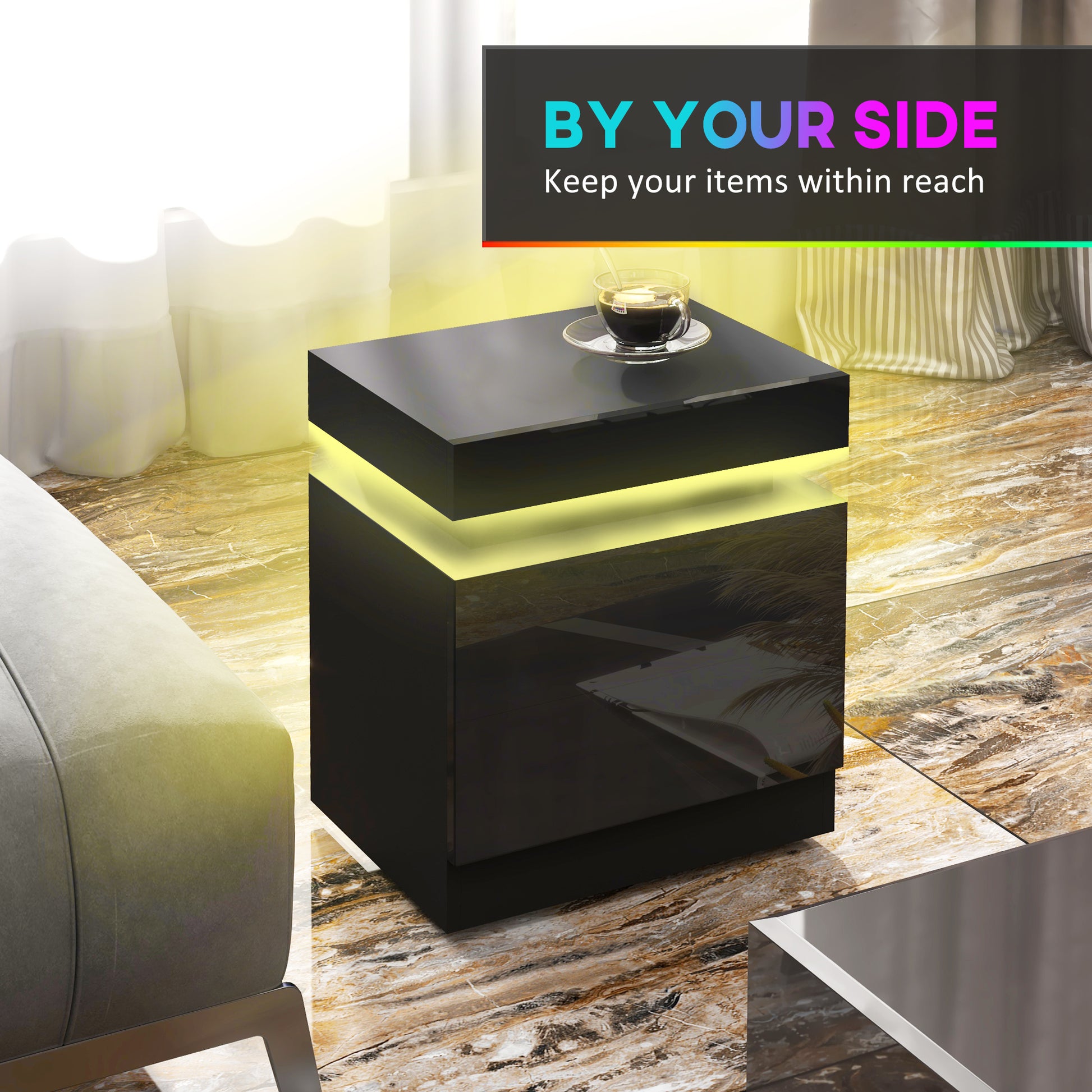 Nightstand, Bedside Table with LED Lights and 2 Drawers for Bedroom, Living Room, Black-Home Furnishings > Bedroom Furniture > Bedside Tables-DECOROLALA