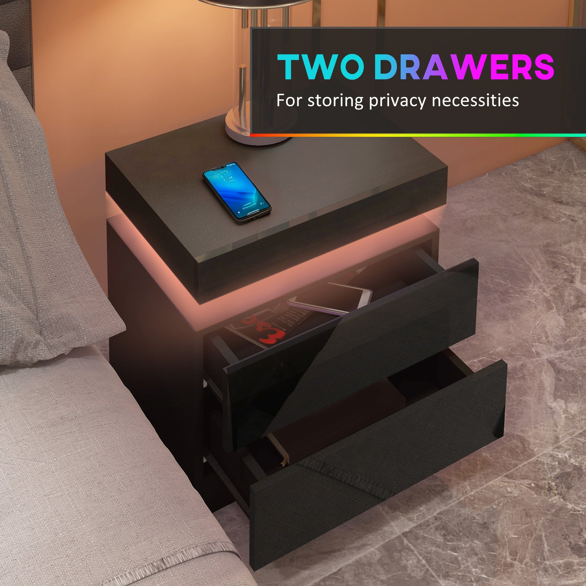 Nightstand, Bedside Table with LED Lights and 2 Drawers for Bedroom, Living Room, Black-Home Furnishings > Bedroom Furniture > Bedside Tables-DECOROLALA