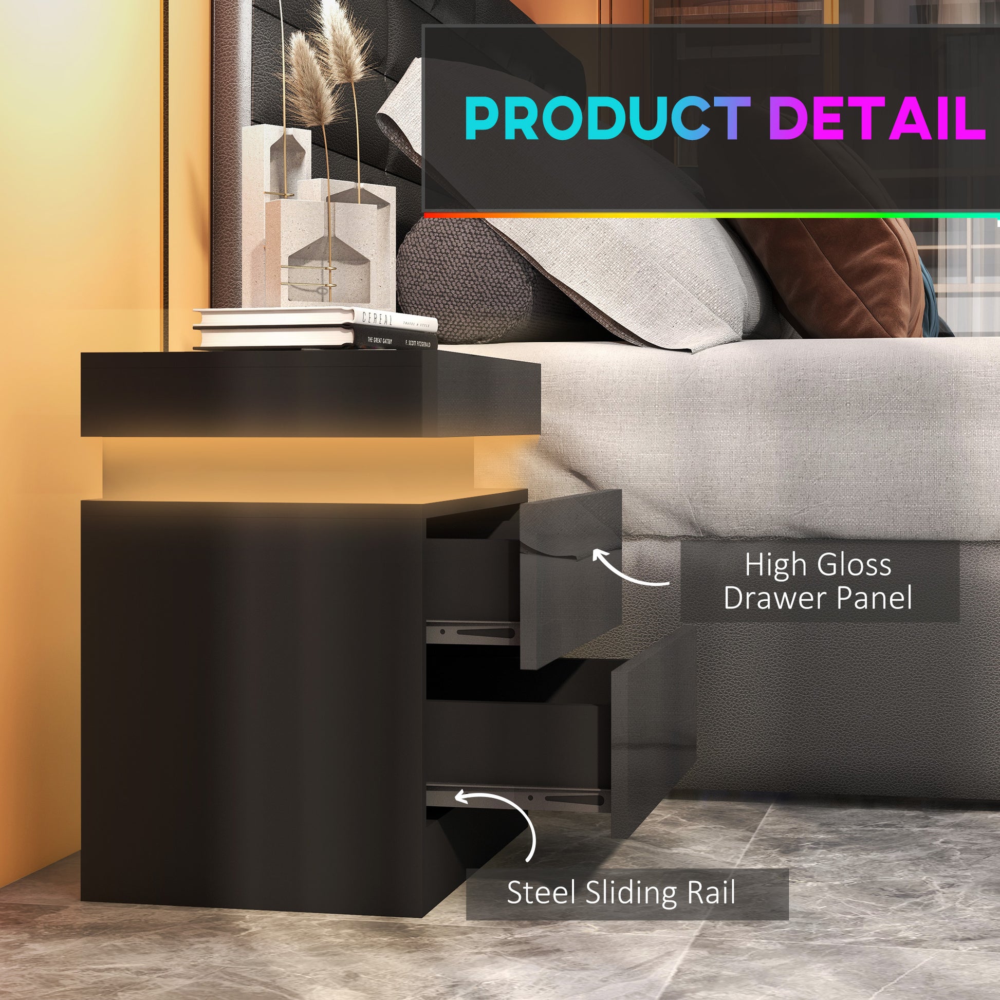 Nightstand, Bedside Table with LED Lights and 2 Drawers for Bedroom, Living Room, Black-Home Furnishings > Bedroom Furniture > Bedside Tables-DECOROLALA