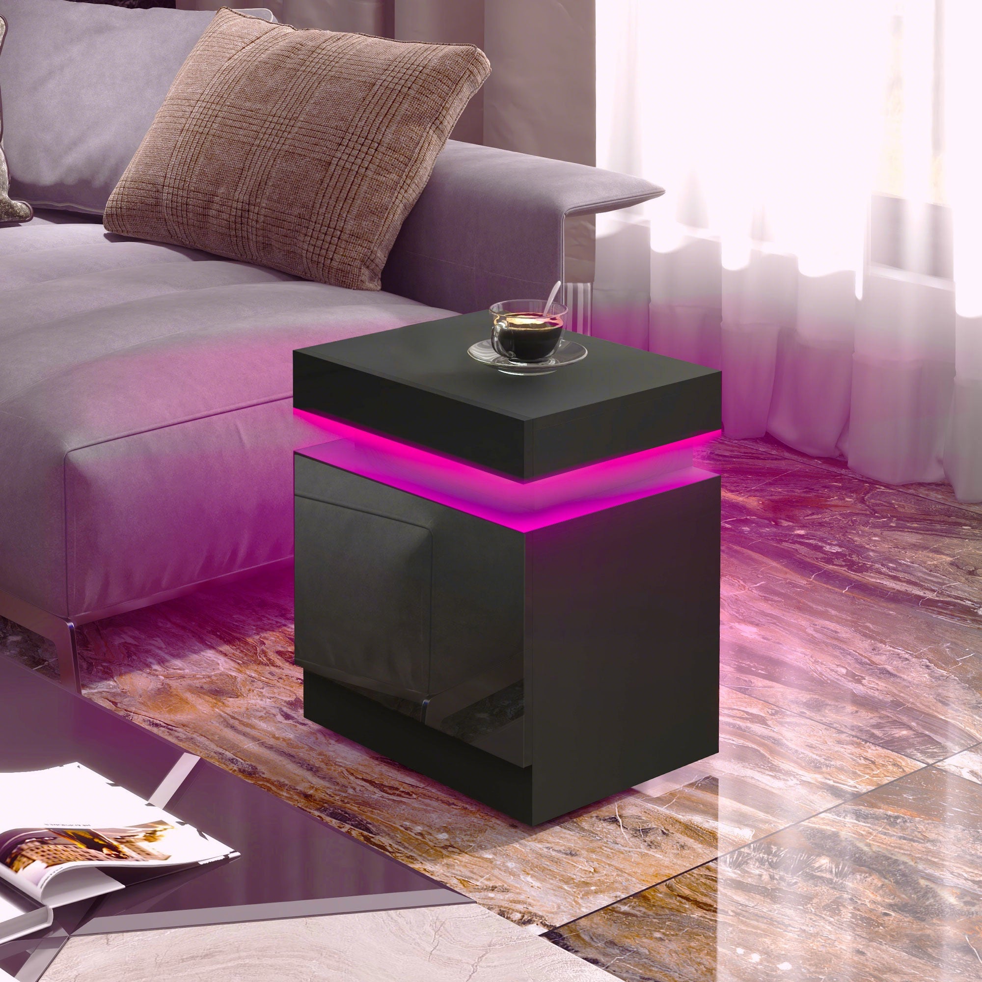 Nightstand, Bedside Table with LED Lights and 2 Drawers for Bedroom, Living Room, Black-Home Furnishings > Bedroom Furniture > Bedside Tables-DECOROLALA