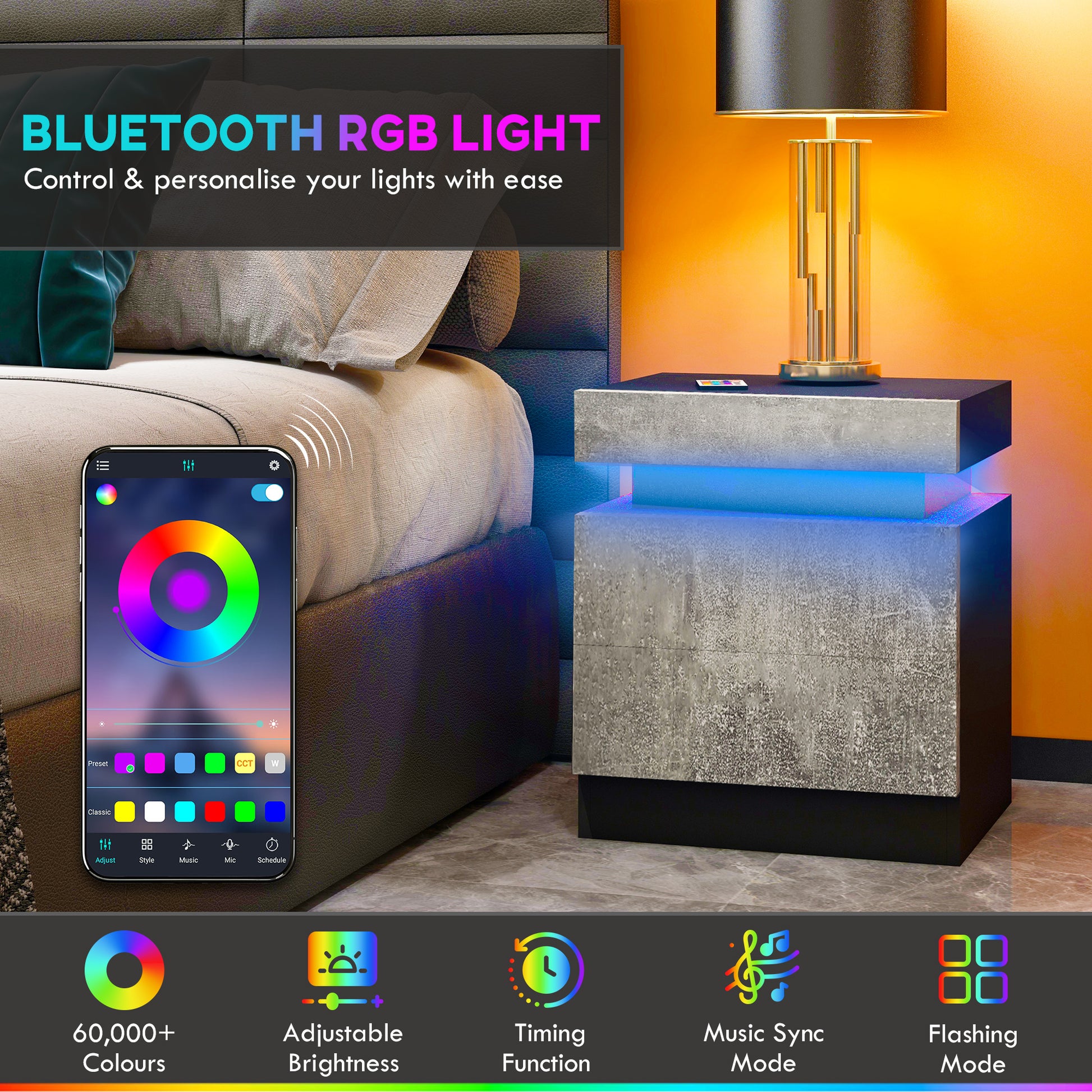Nightstand, Bedside Table with LED Lights and 2 Drawers for Bedroom, Living Room, Cement Grey-Home Furnishings > Bedroom Furniture > Bedside Tables-DECOROLALA