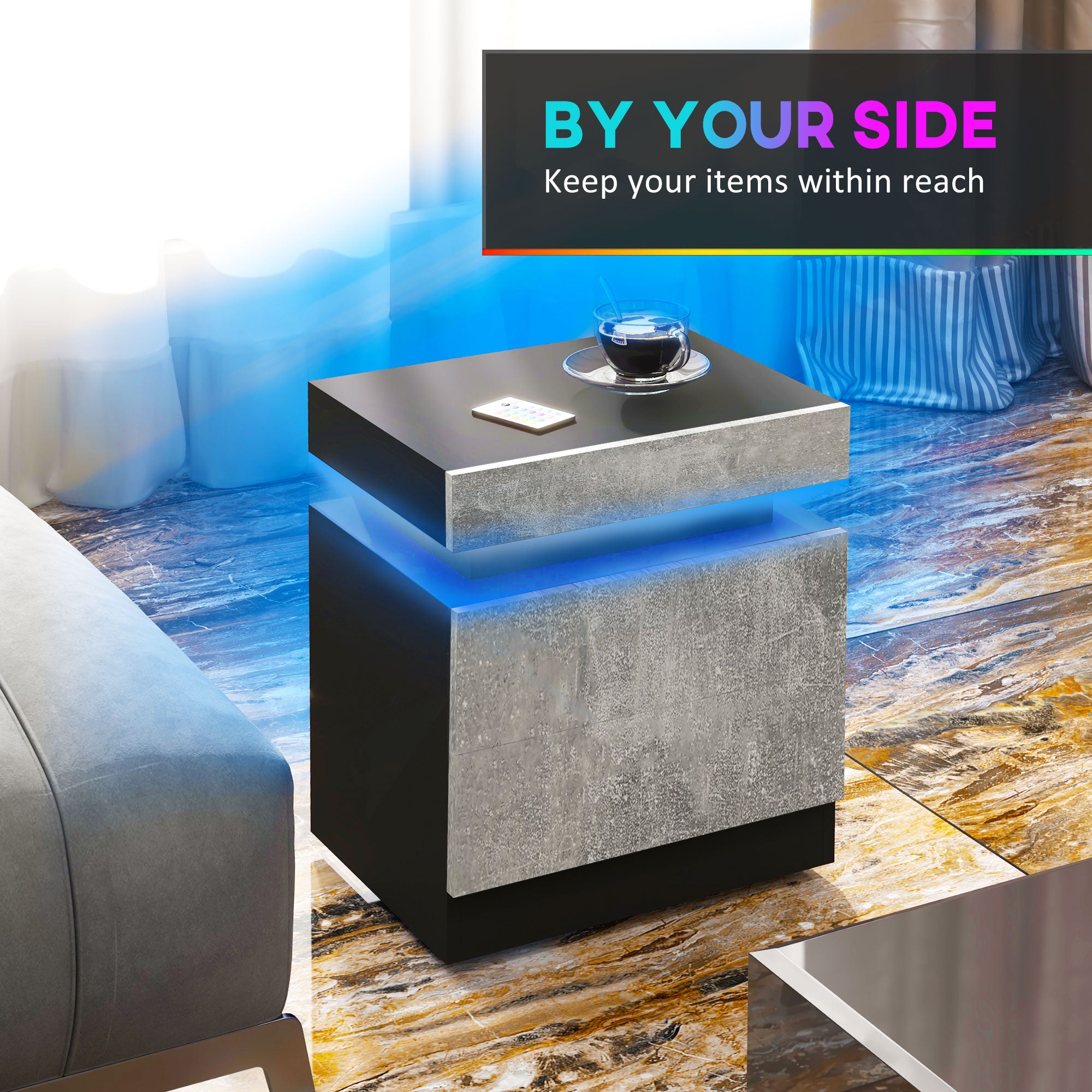 Nightstand, Bedside Table with LED Lights and 2 Drawers for Bedroom, Living Room, Cement Grey-Home Furnishings > Bedroom Furniture > Bedside Tables-DECOROLALA
