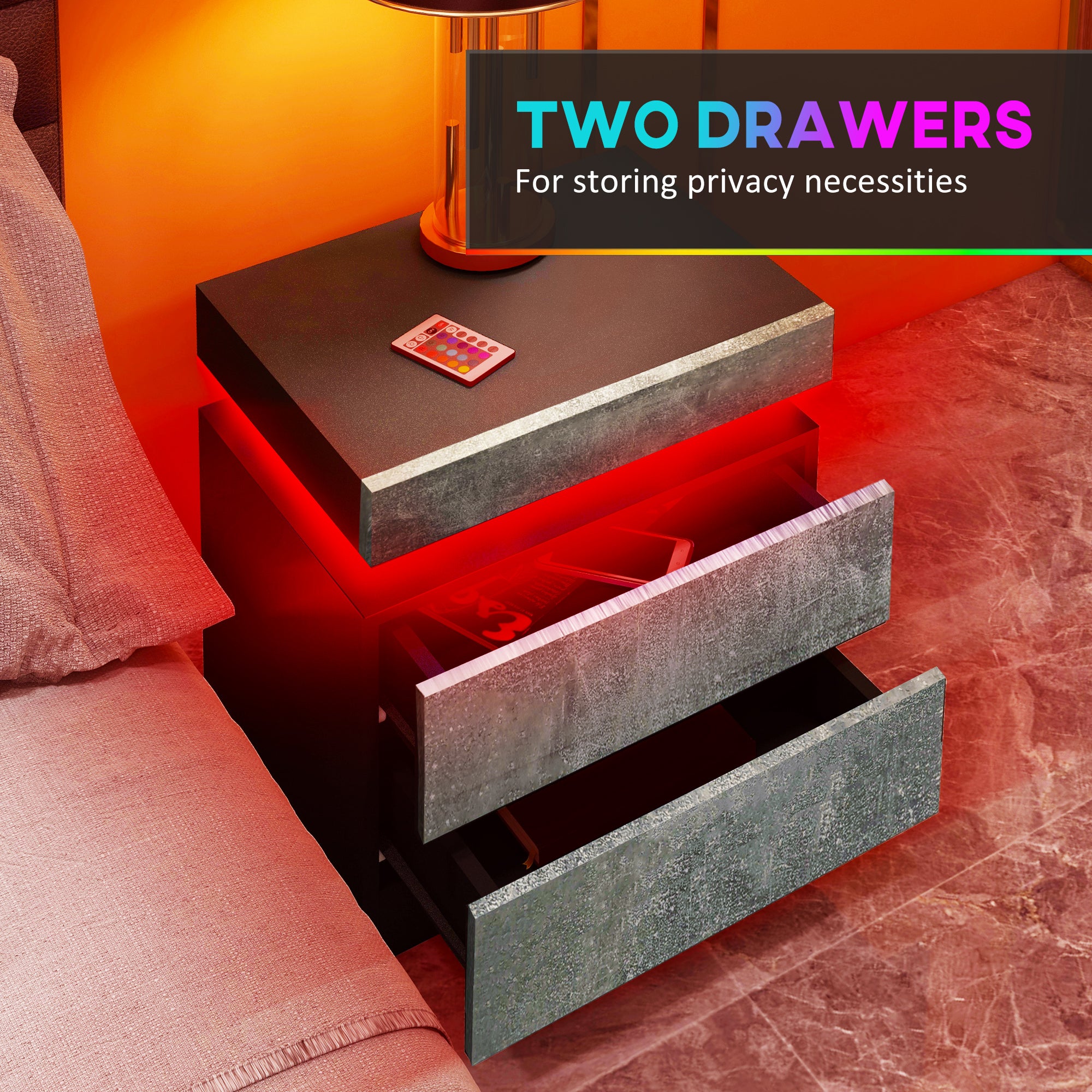 Nightstand, Bedside Table with LED Lights and 2 Drawers for Bedroom, Living Room, Cement Grey-Home Furnishings > Bedroom Furniture > Bedside Tables-DECOROLALA