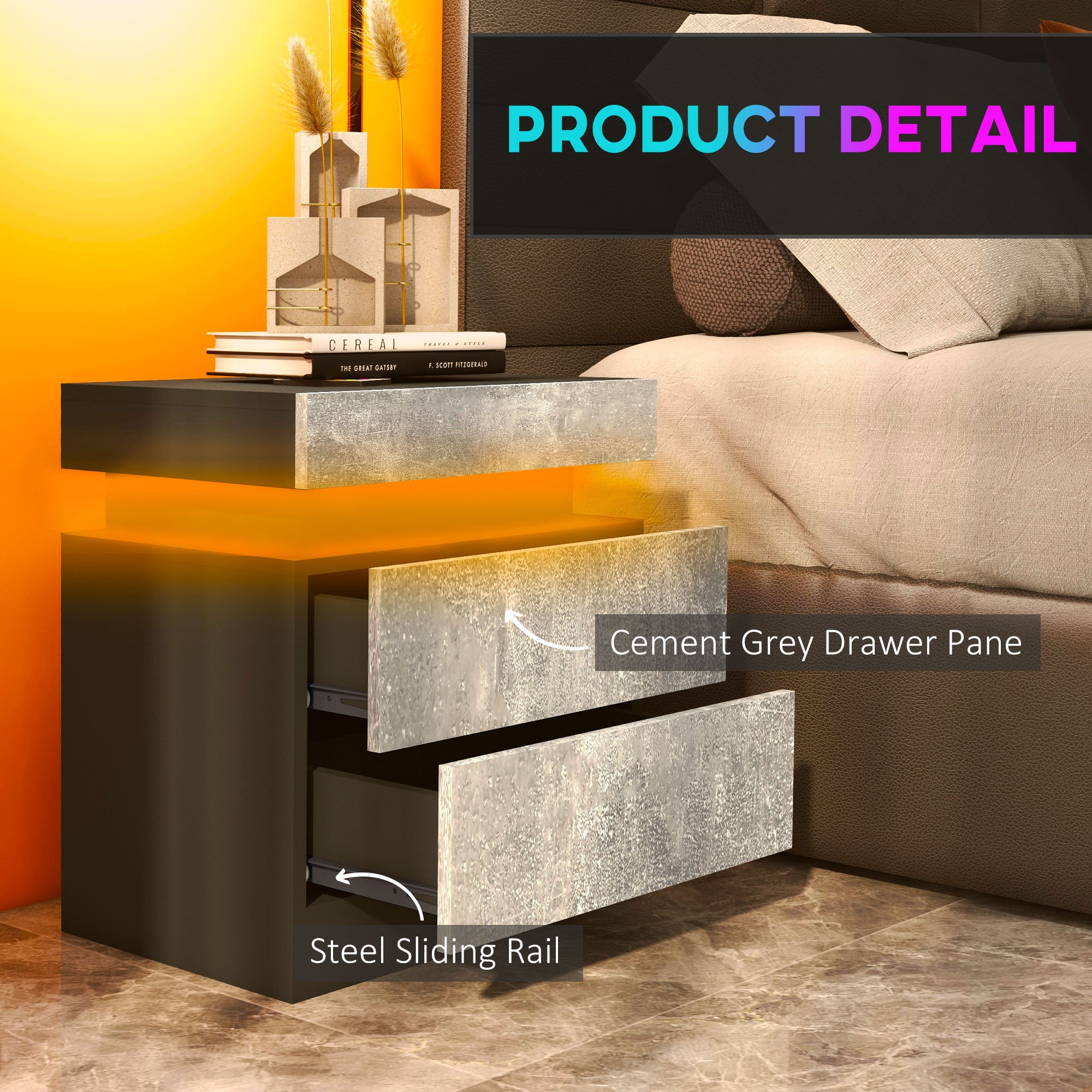 Nightstand, Bedside Table with LED Lights and 2 Drawers for Bedroom, Living Room, Cement Grey-Home Furnishings > Bedroom Furniture > Bedside Tables-DECOROLALA