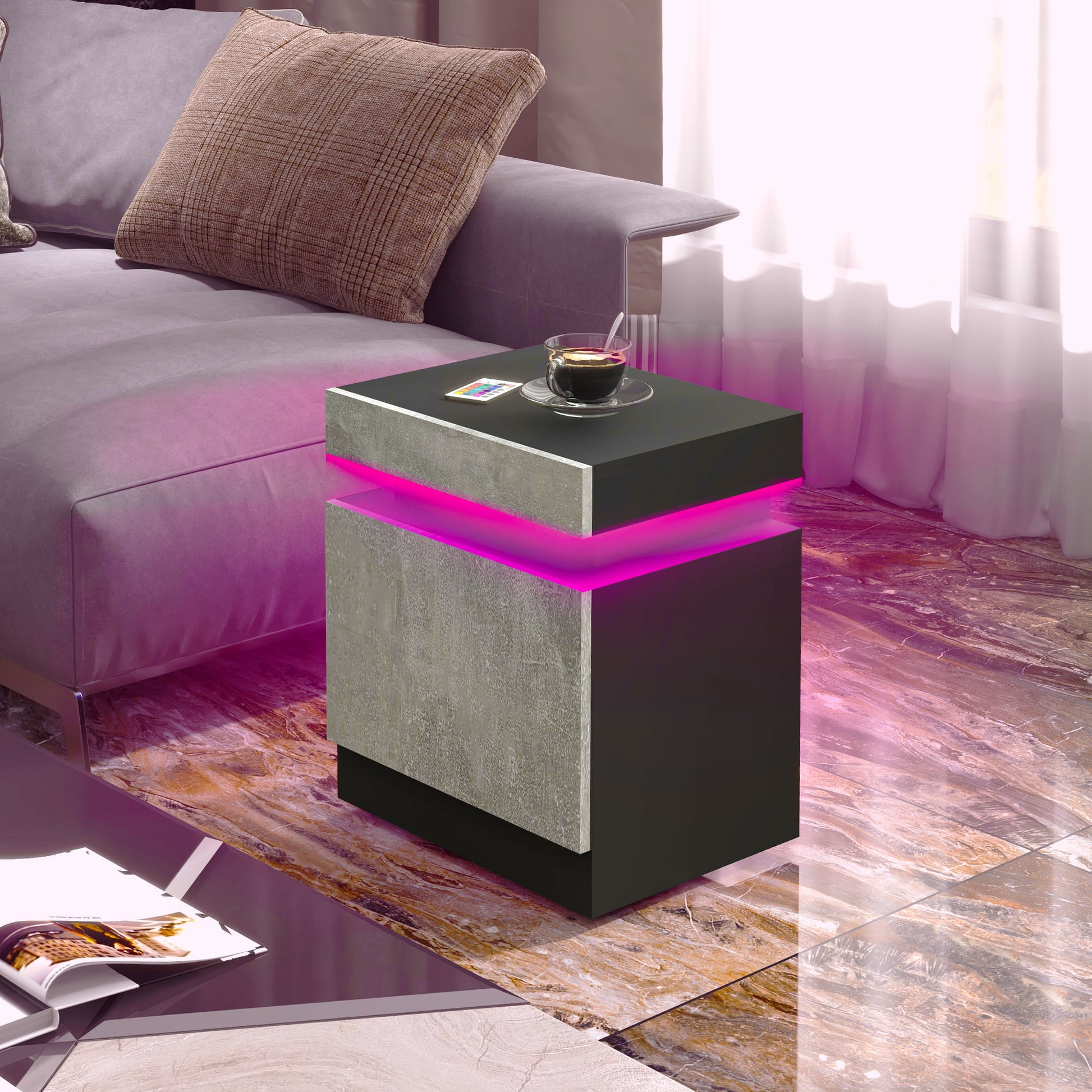Nightstand, Bedside Table with LED Lights and 2 Drawers for Bedroom, Living Room, Cement Grey-Home Furnishings > Bedroom Furniture > Bedside Tables-DECOROLALA