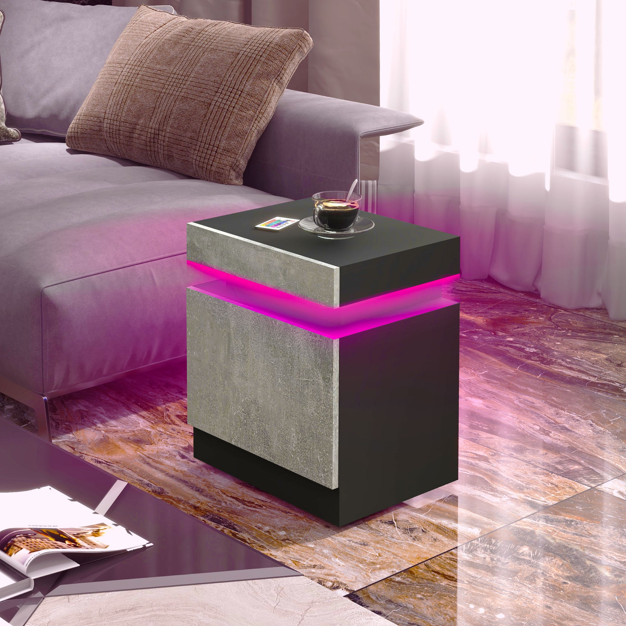 Nightstand, Bedside Table with LED Lights and 2 Drawers for Bedroom, Living Room, Cement Grey-Home Furnishings > Bedroom Furniture > Bedside Tables-DECOROLALA