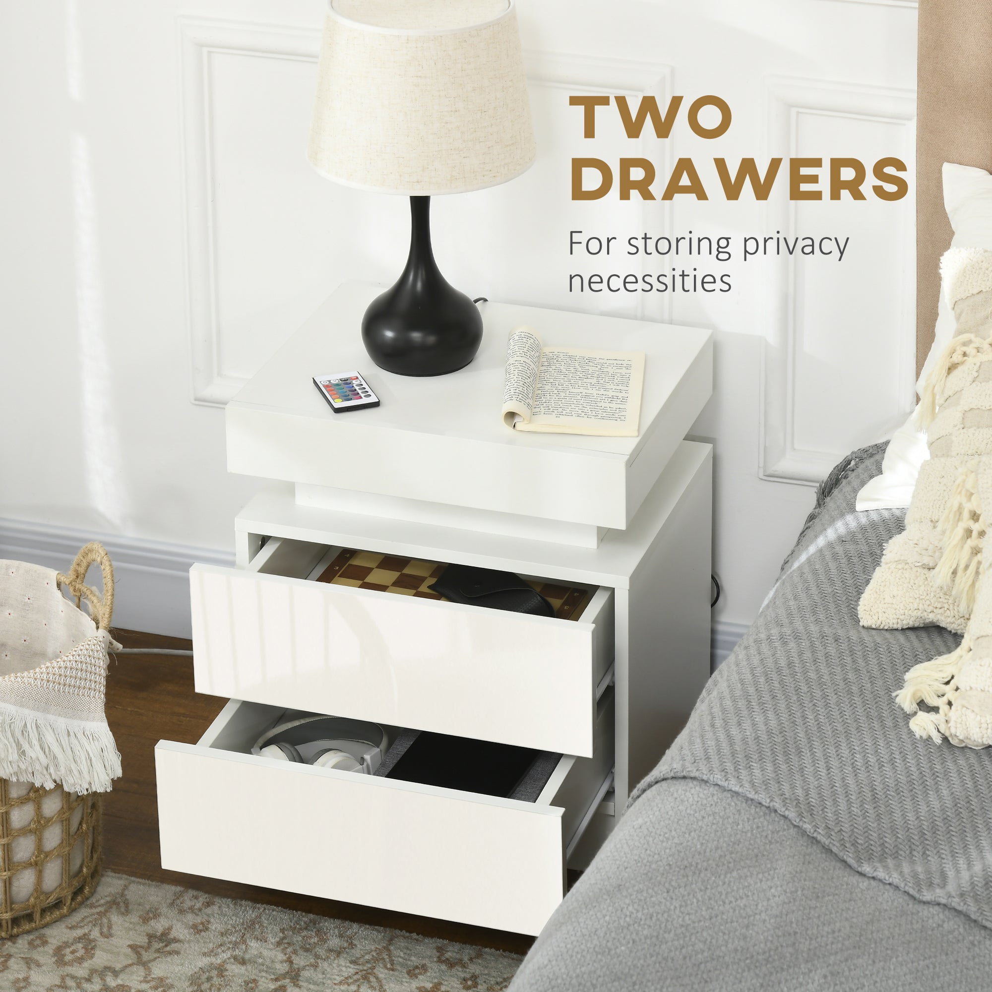 Nightstand, Bedside Table with LED Lights and 2 Drawers for Bedroom, Living Room, White-Home Furnishings > Bedroom Furniture > Bedside Tables-DECOROLALA