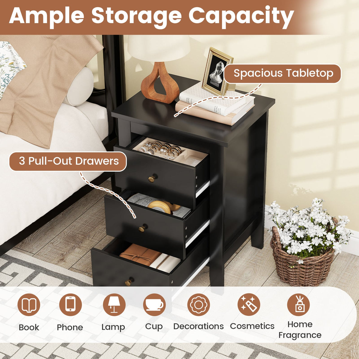 Nightstand End Beside Table Drawers Modern Storage Bedroom Furniture-Black-Nightstands-DECOROLALA