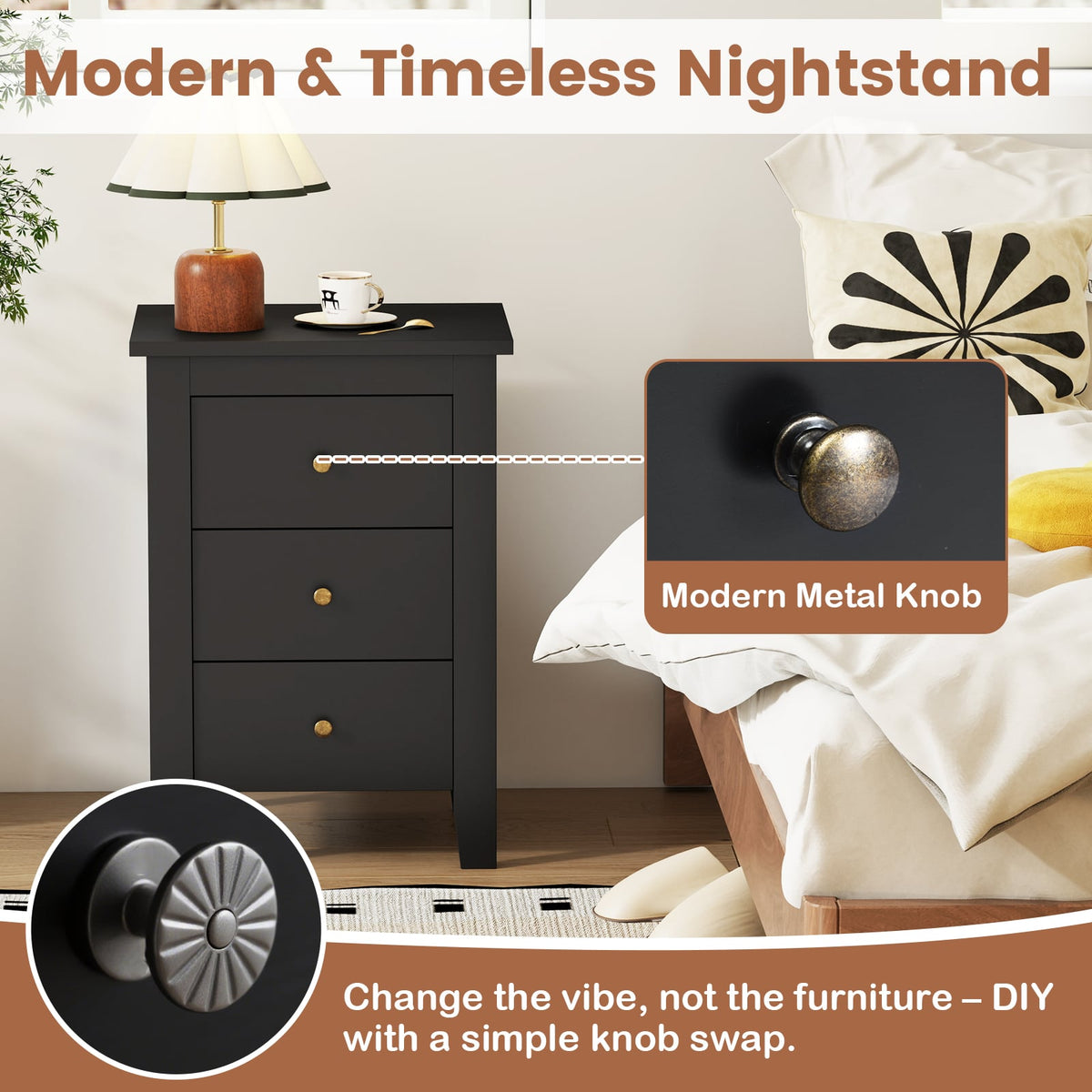 Nightstand End Beside Table Drawers Modern Storage Bedroom Furniture-Black-Nightstands-DECOROLALA