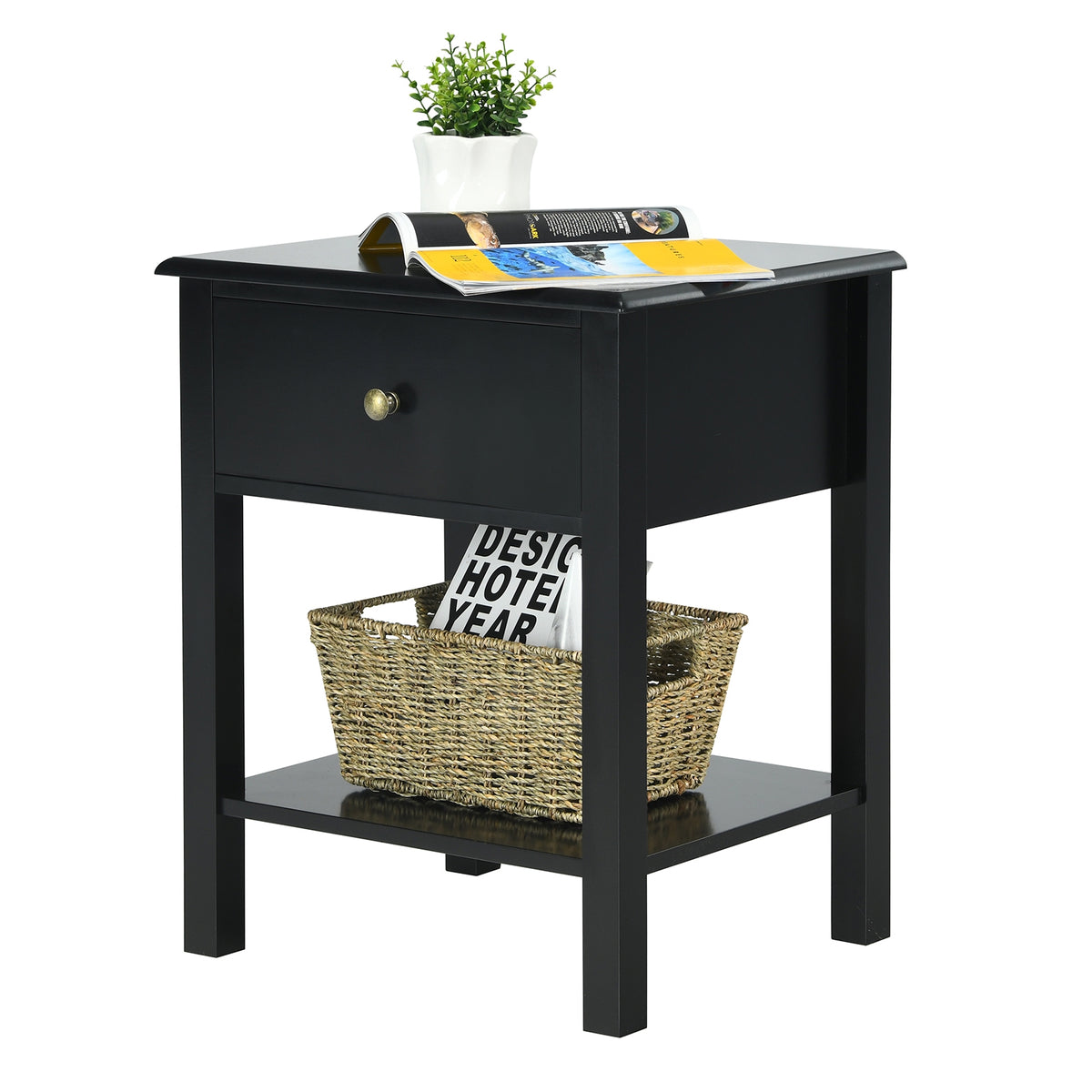 Nightstand End Table with Drawer and Shelf-Black-Nightstands-DECOROLALA