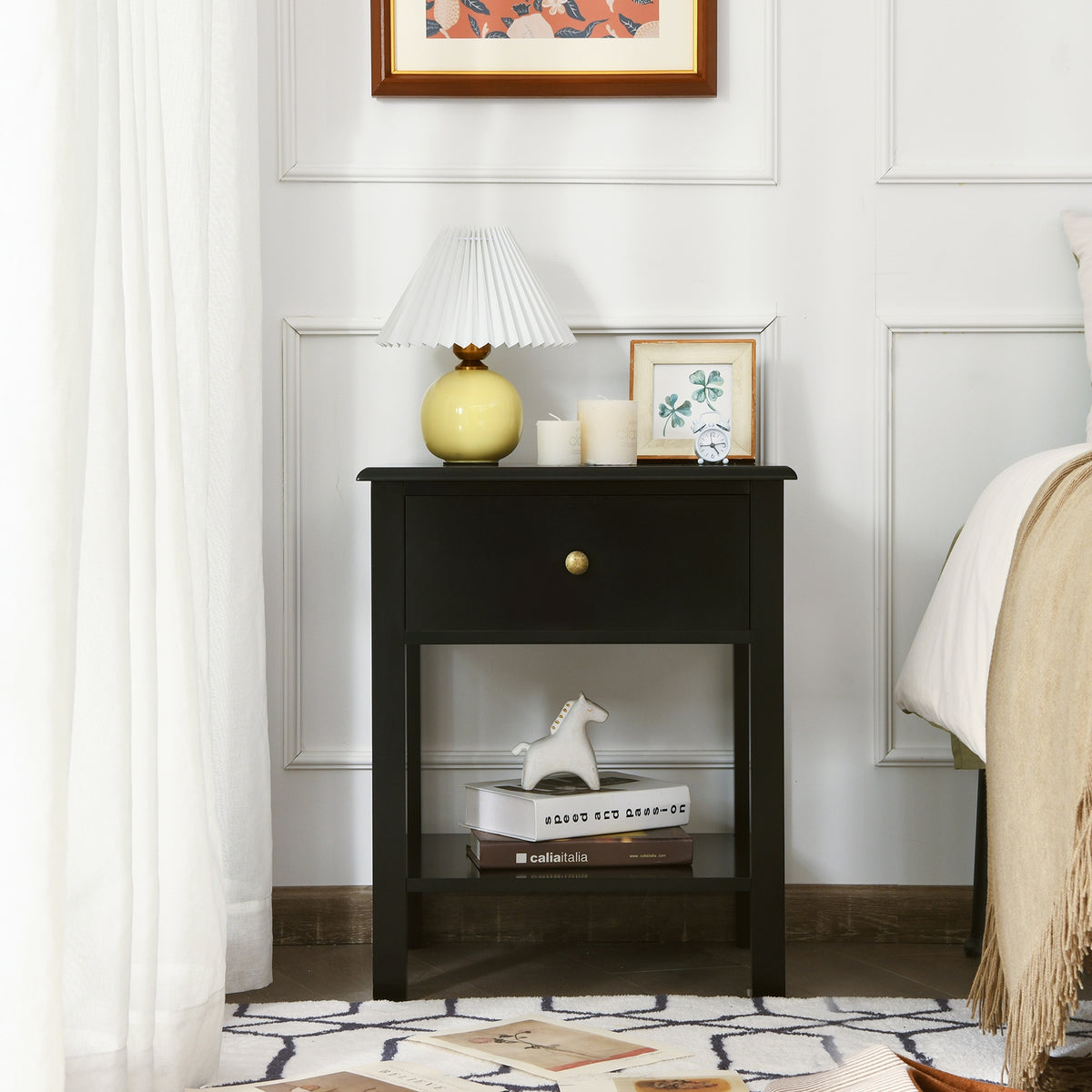 Nightstand End Table with Drawer and Shelf-Black-Nightstands-DECOROLALA