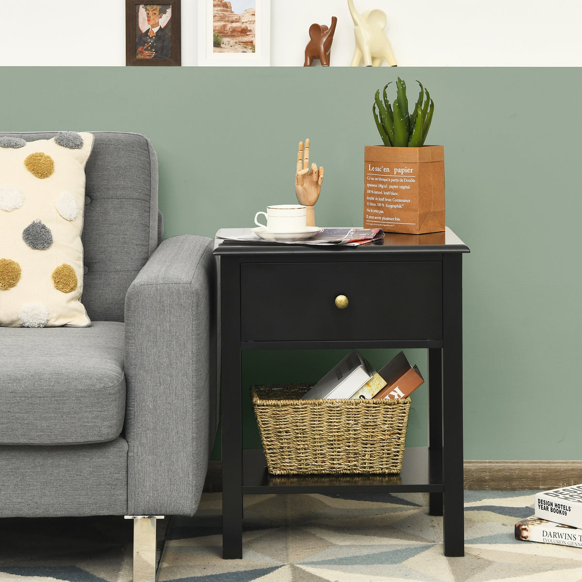 Nightstand End Table with Drawer and Shelf-Black-Nightstands-DECOROLALA