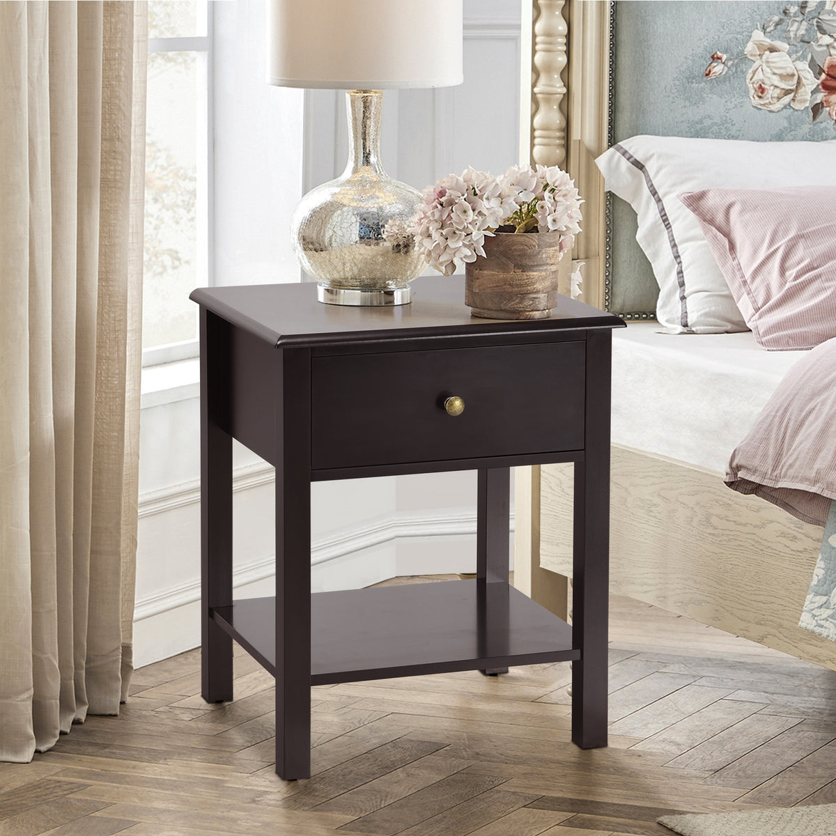 Nightstand End Table with Drawer and Shelf-Brown-Nightstands-DECOROLALA