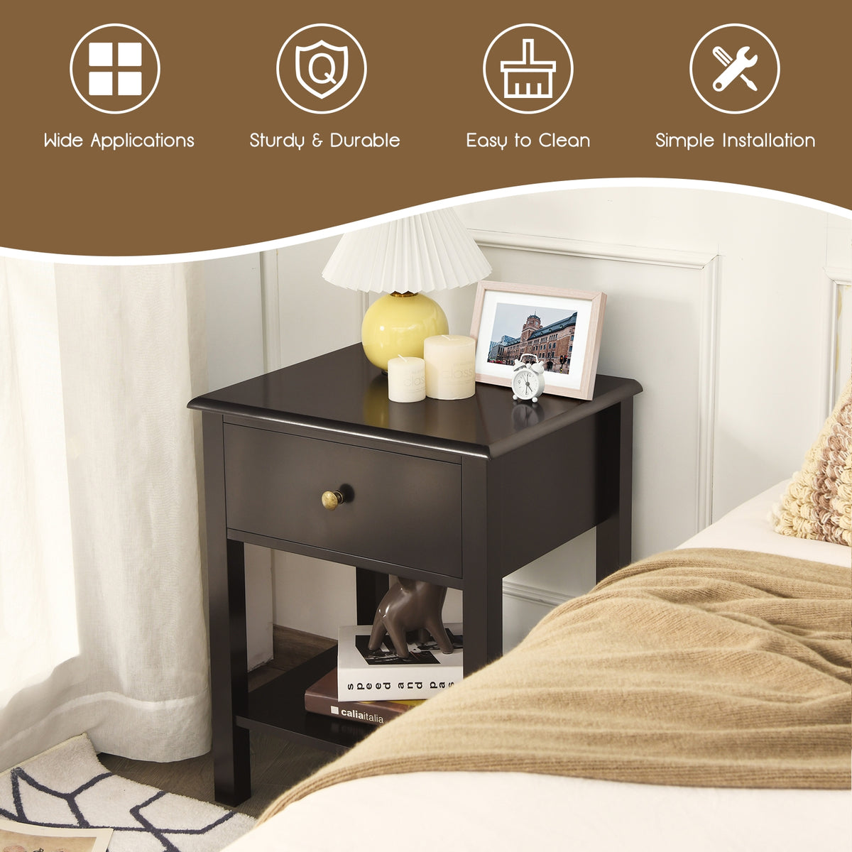 Nightstand End Table with Drawer and Shelf-Brown-Nightstands-DECOROLALA