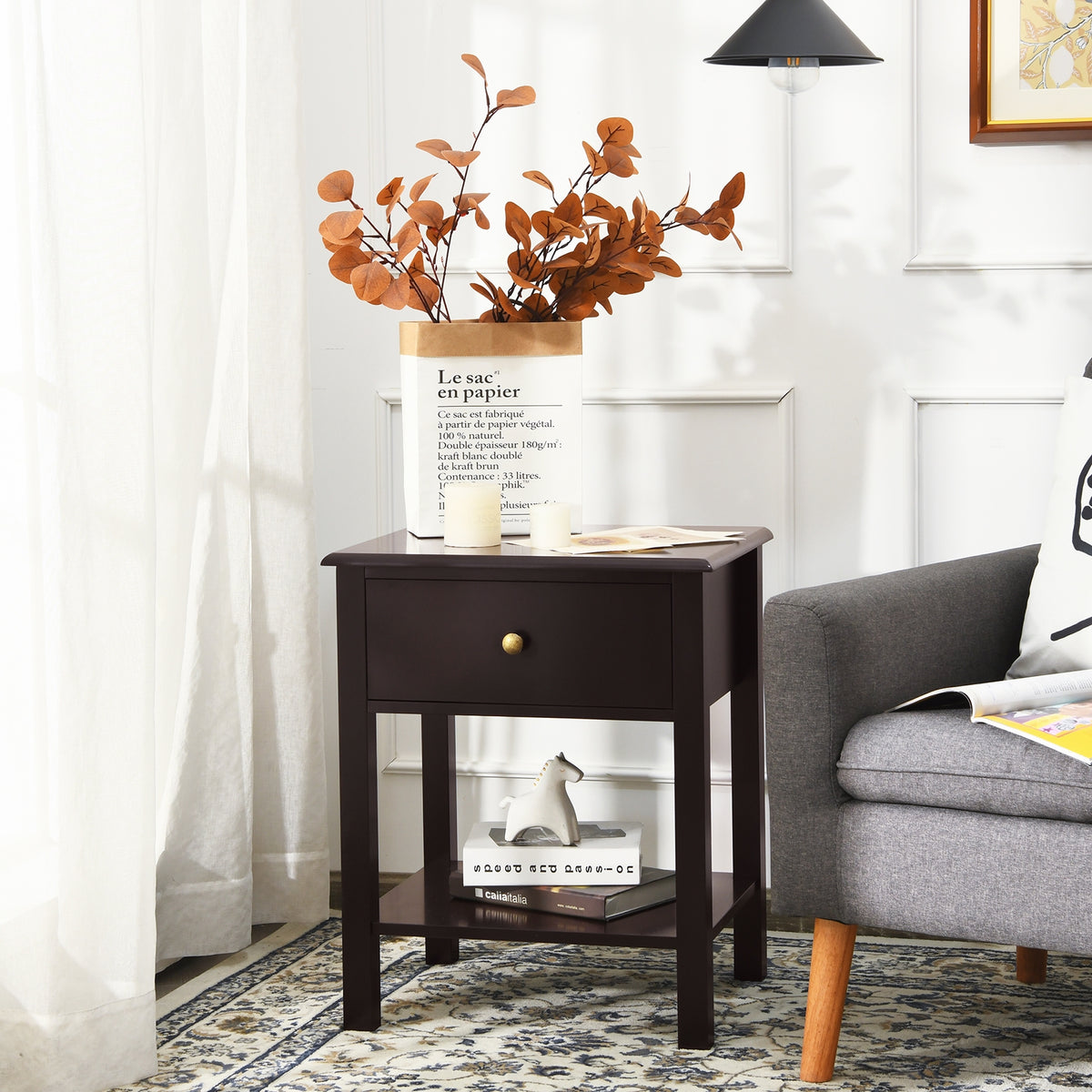 Nightstand End Table with Drawer and Shelf-Brown-Nightstands-DECOROLALA