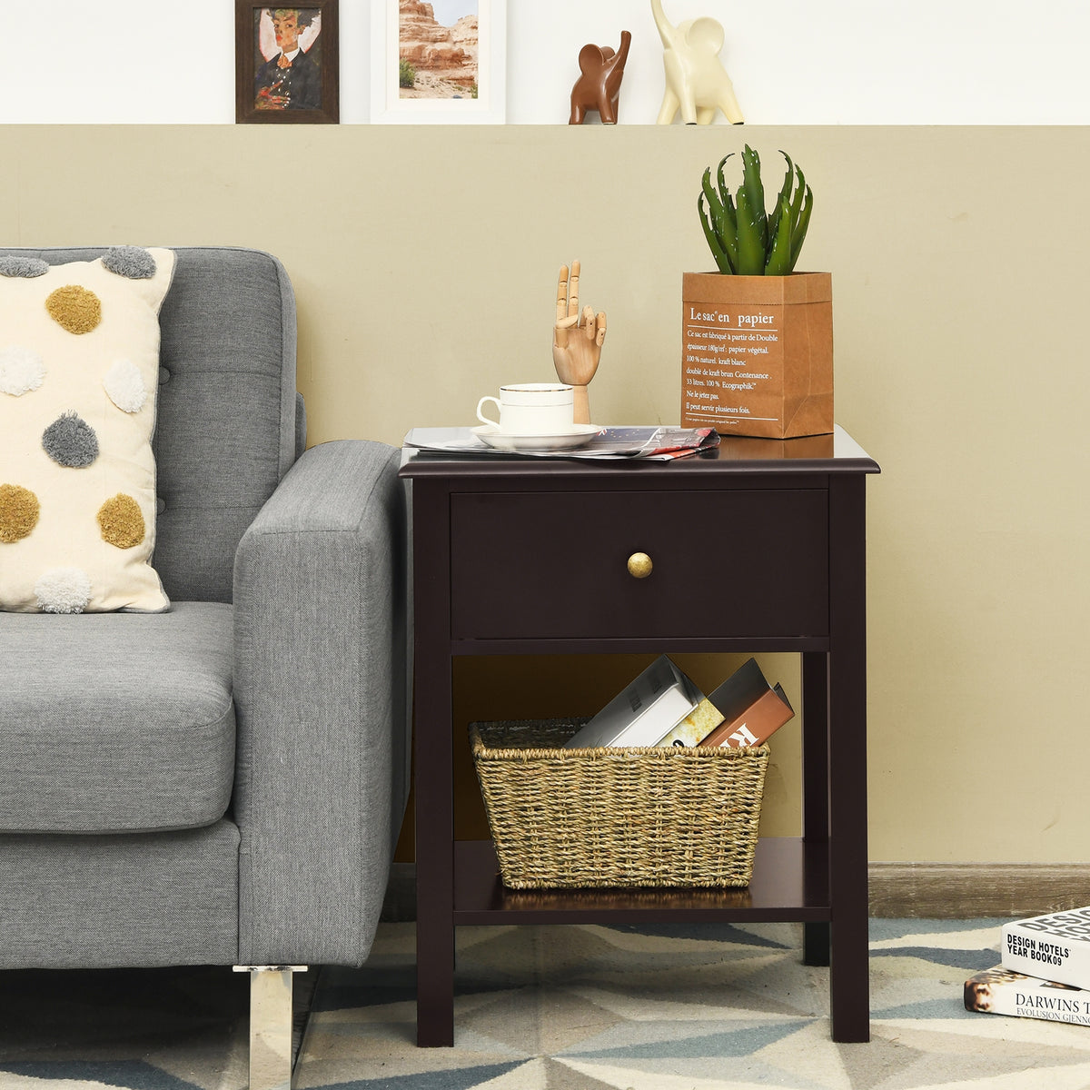 Nightstand End Table with Drawer and Shelf-Brown-Nightstands-DECOROLALA