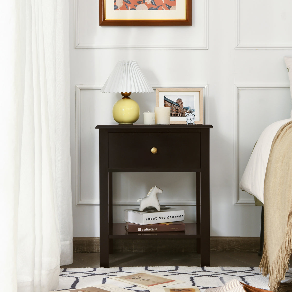 Nightstand End Table with Drawer and Shelf-Brown-Nightstands-DECOROLALA