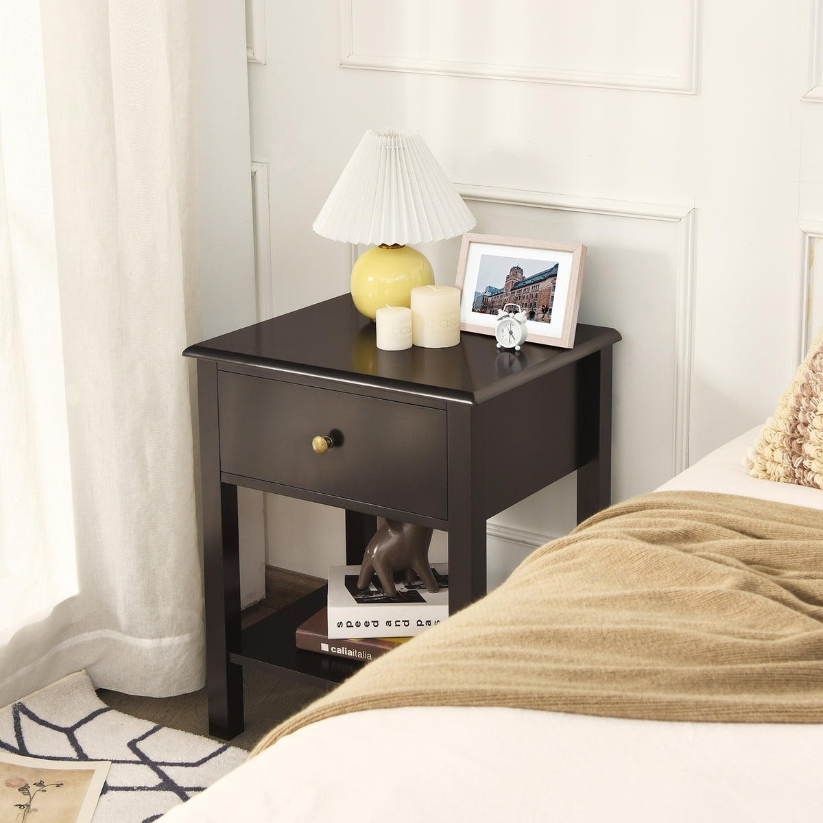 Nightstand End Table with Drawer and Shelf-Brown-Nightstands-DECOROLALA