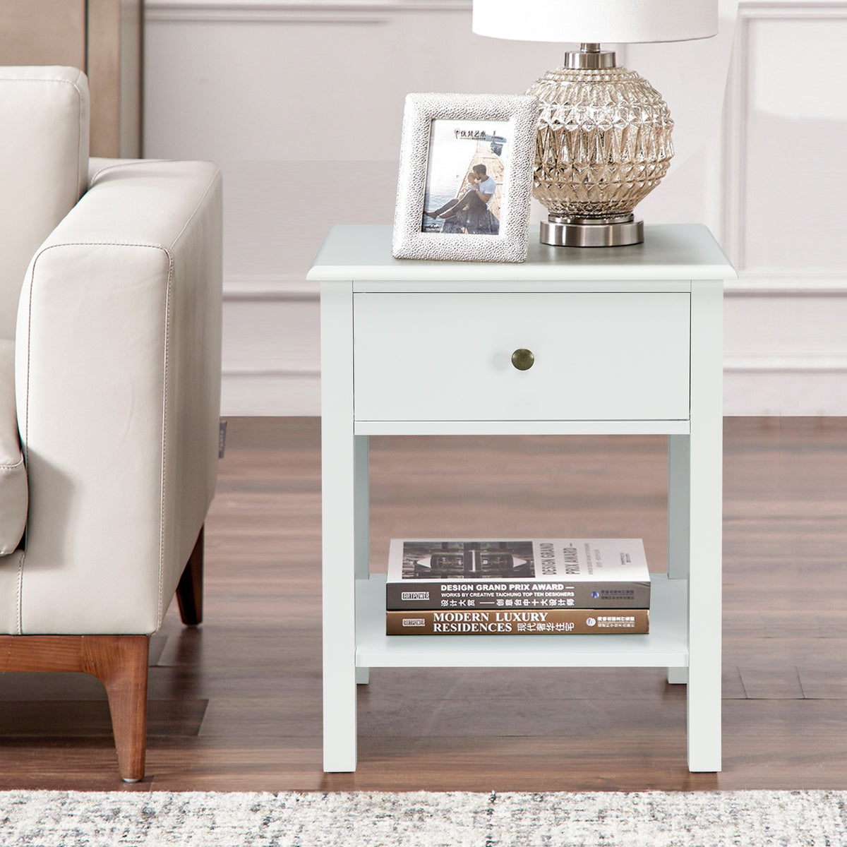 Nightstand End Table with Drawer and Shelf-White-Nightstands-DECOROLALA