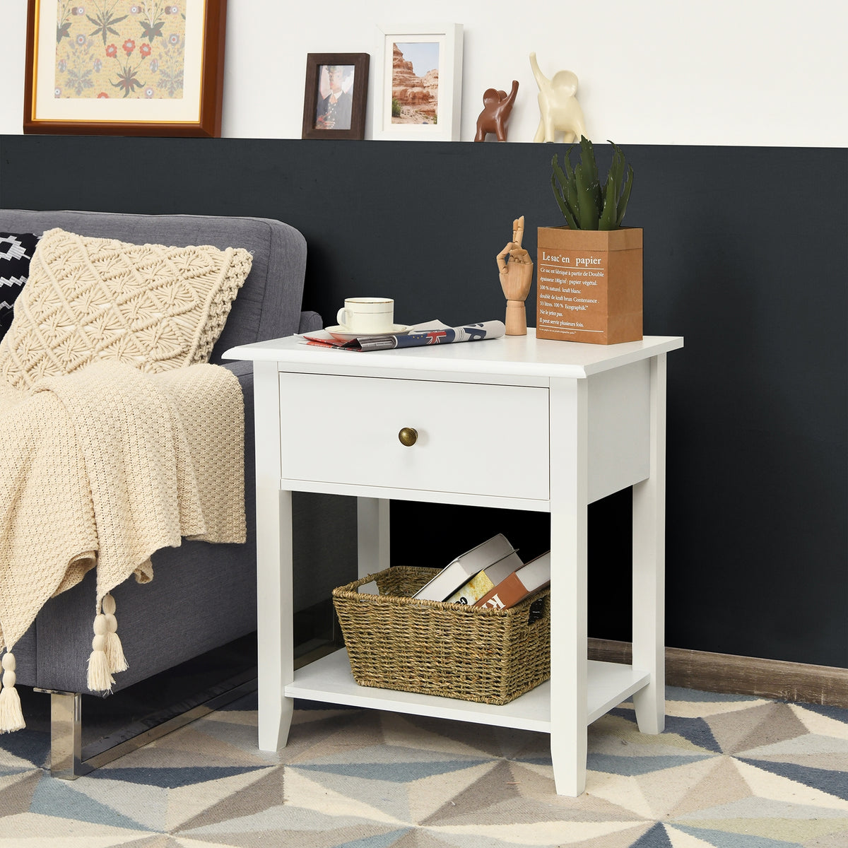 Nightstand End Table with Drawer and Shelf-White-Nightstands-DECOROLALA