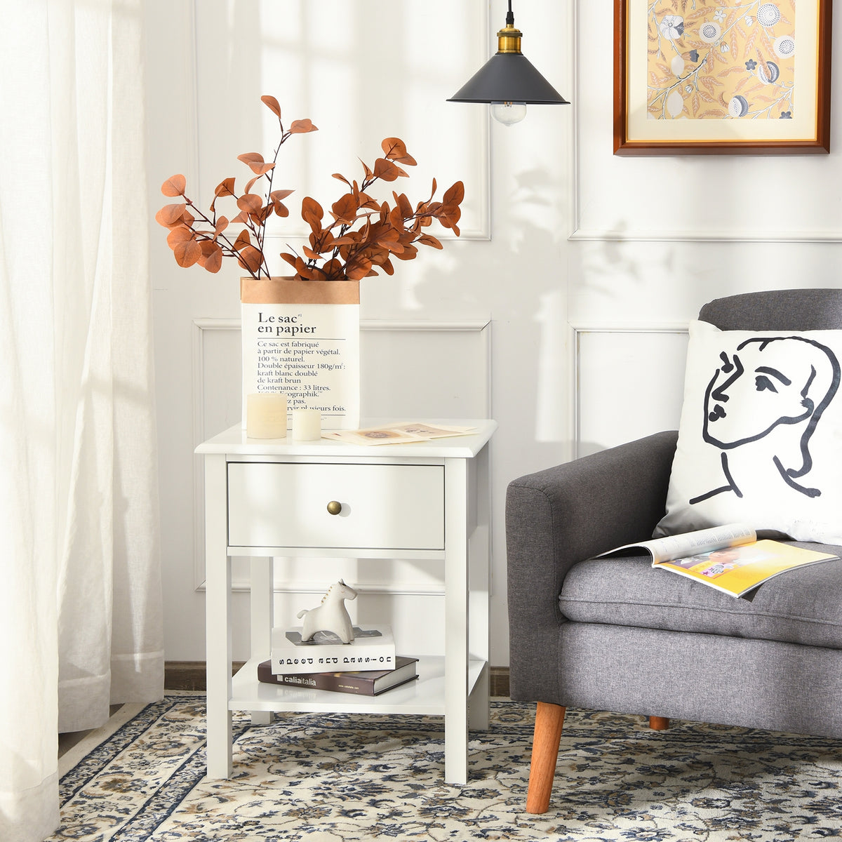 Nightstand End Table with Drawer and Shelf-White-Nightstands-DECOROLALA