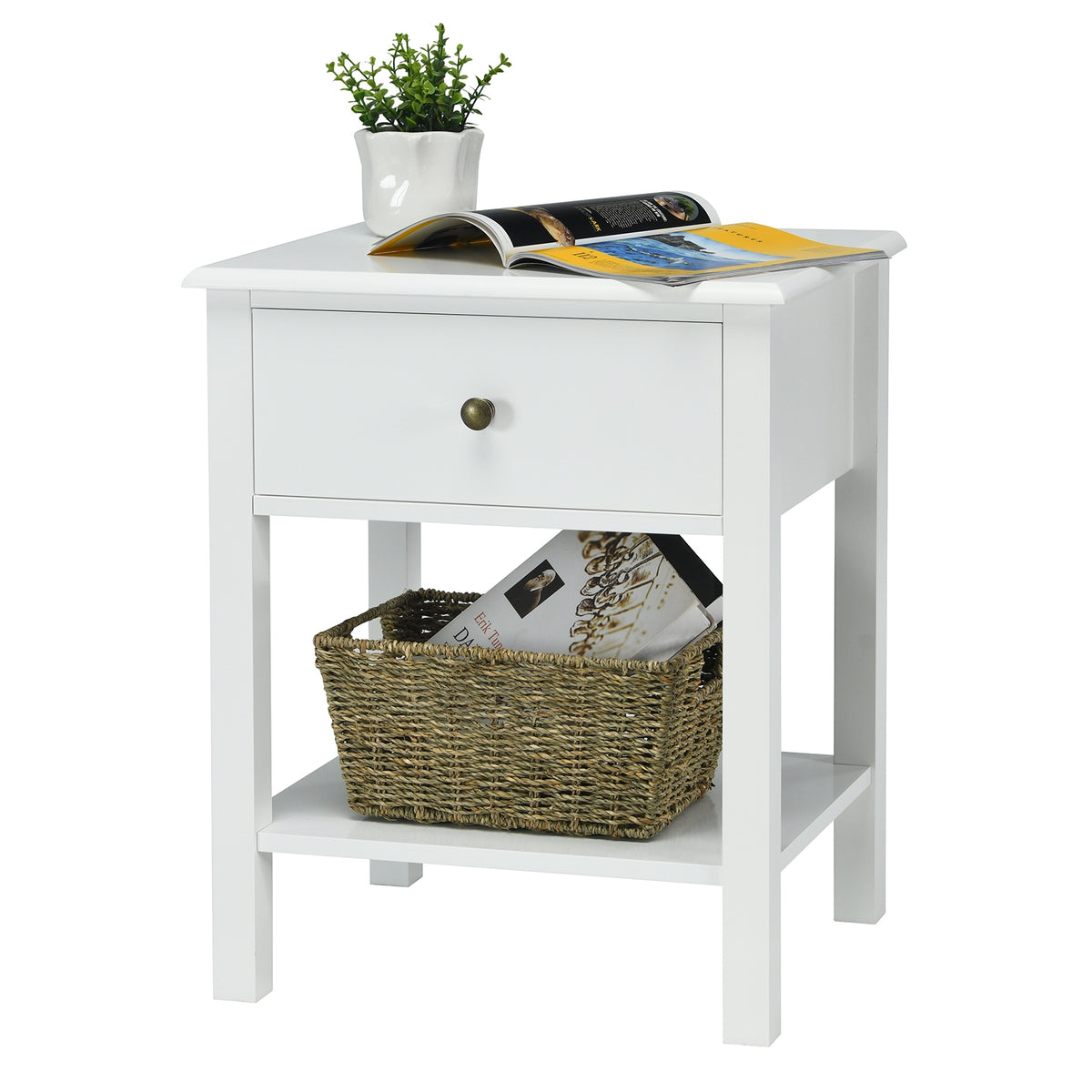 Nightstand End Table with Drawer and Shelf-White-Nightstands-DECOROLALA