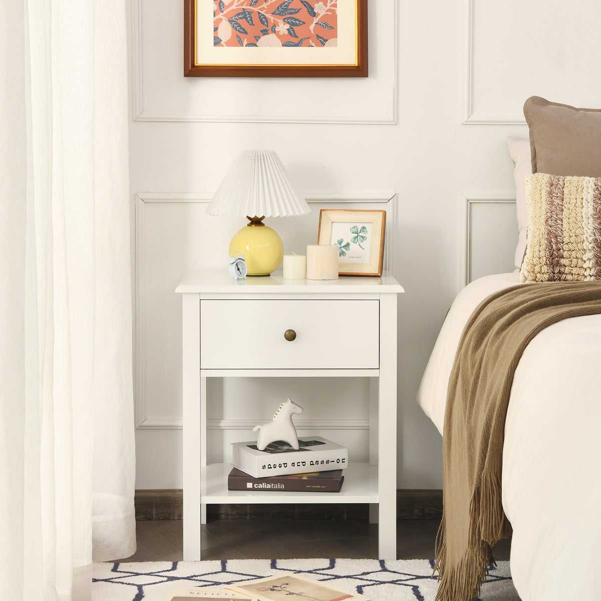 Nightstand End Table with Drawer and Shelf-White-Nightstands-DECOROLALA