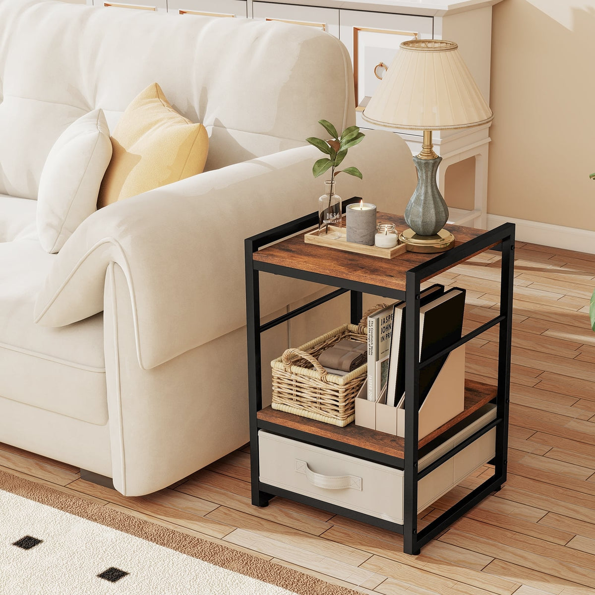 Nightstand Industrial Bedside Table with Open Storage Shelf and Fabric Drawer-Rustic Brown-Nightstands-DECOROLALA