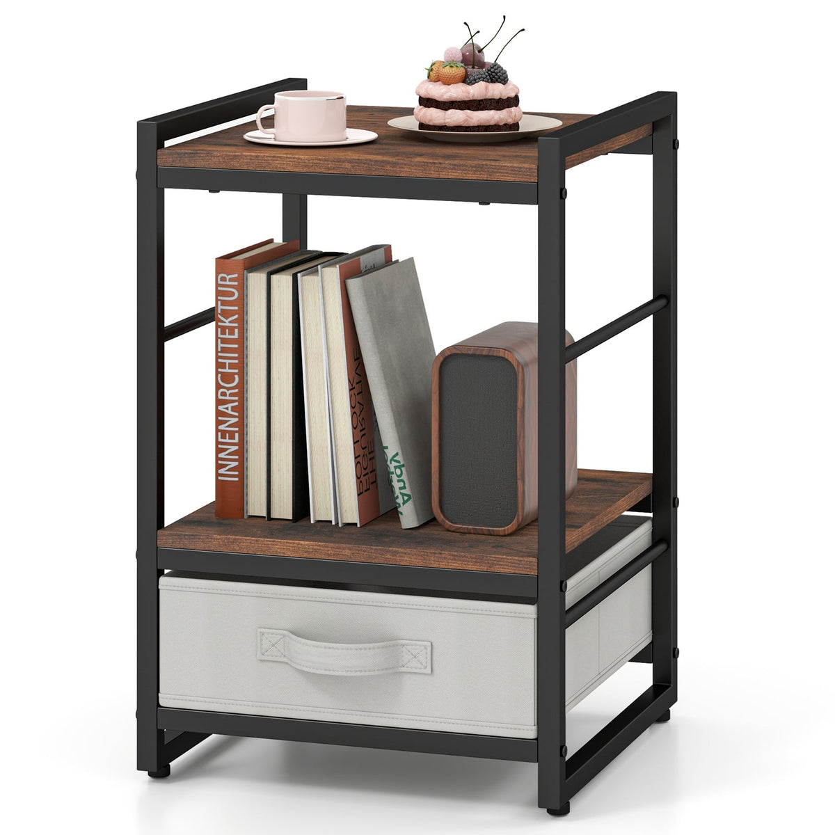 Nightstand Industrial Bedside Table with Open Storage Shelf and Fabric Drawer-Rustic Brown-Nightstands-DECOROLALA