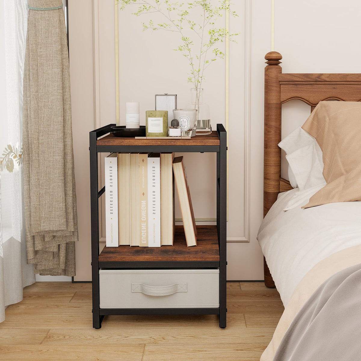 Nightstand Industrial Bedside Table with Open Storage Shelf and Fabric Drawer-Rustic Brown-Nightstands-DECOROLALA