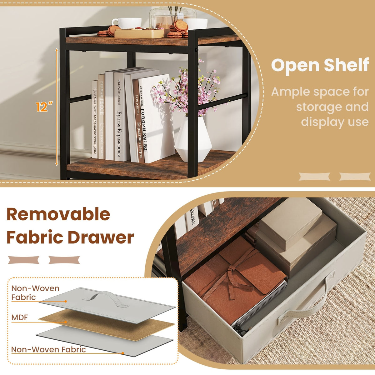 Nightstand Industrial Bedside Table with Open Storage Shelf and Fabric Drawer-Rustic Brown-Nightstands-DECOROLALA