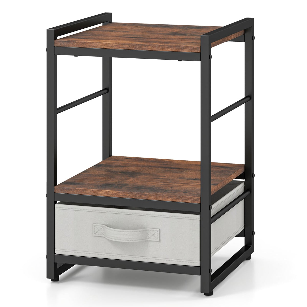 Nightstand Industrial Bedside Table with Open Storage Shelf and Fabric Drawer-Rustic Brown-Nightstands-DECOROLALA
