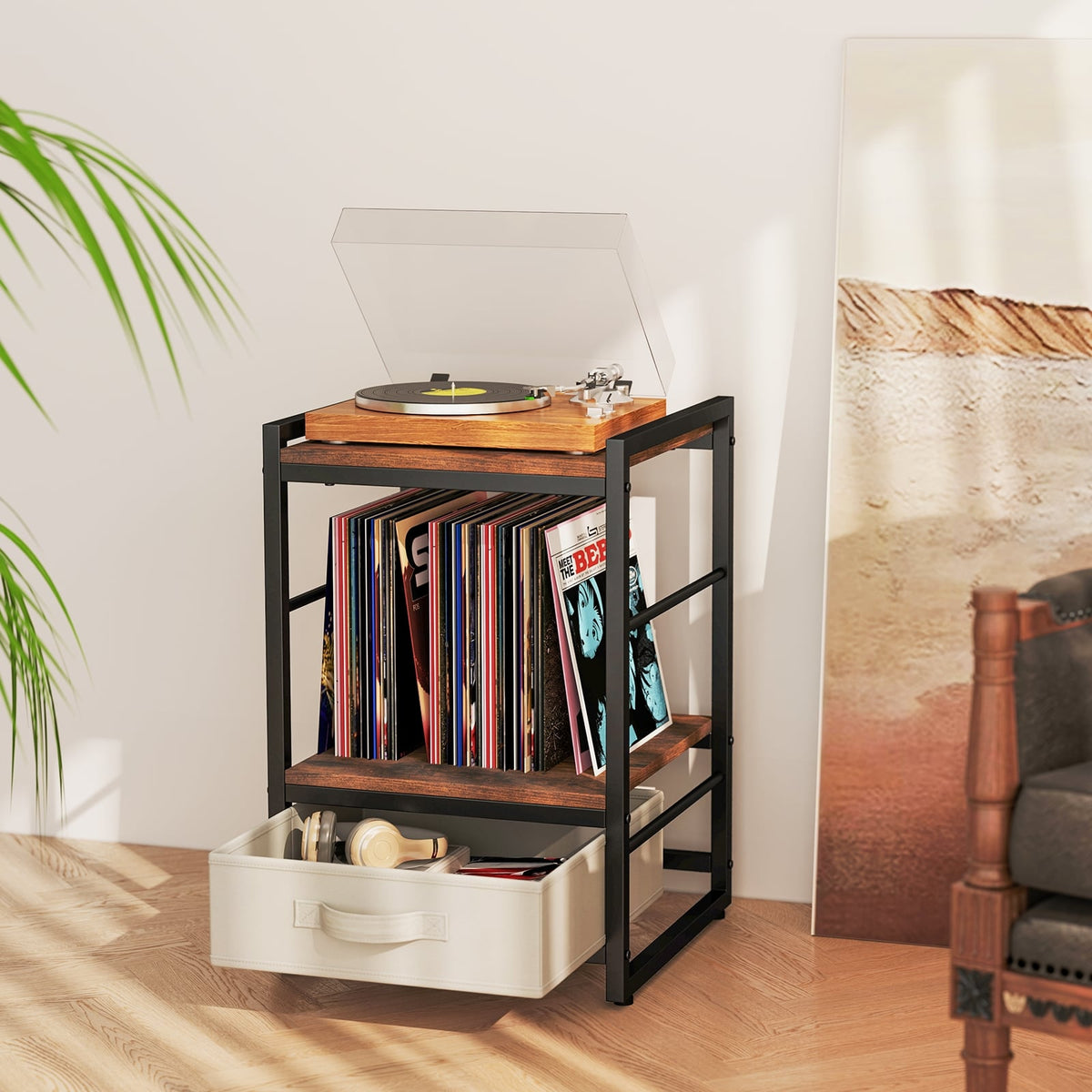 Nightstand Industrial Bedside Table with Open Storage Shelf and Fabric Drawer-Rustic Brown-Nightstands-DECOROLALA